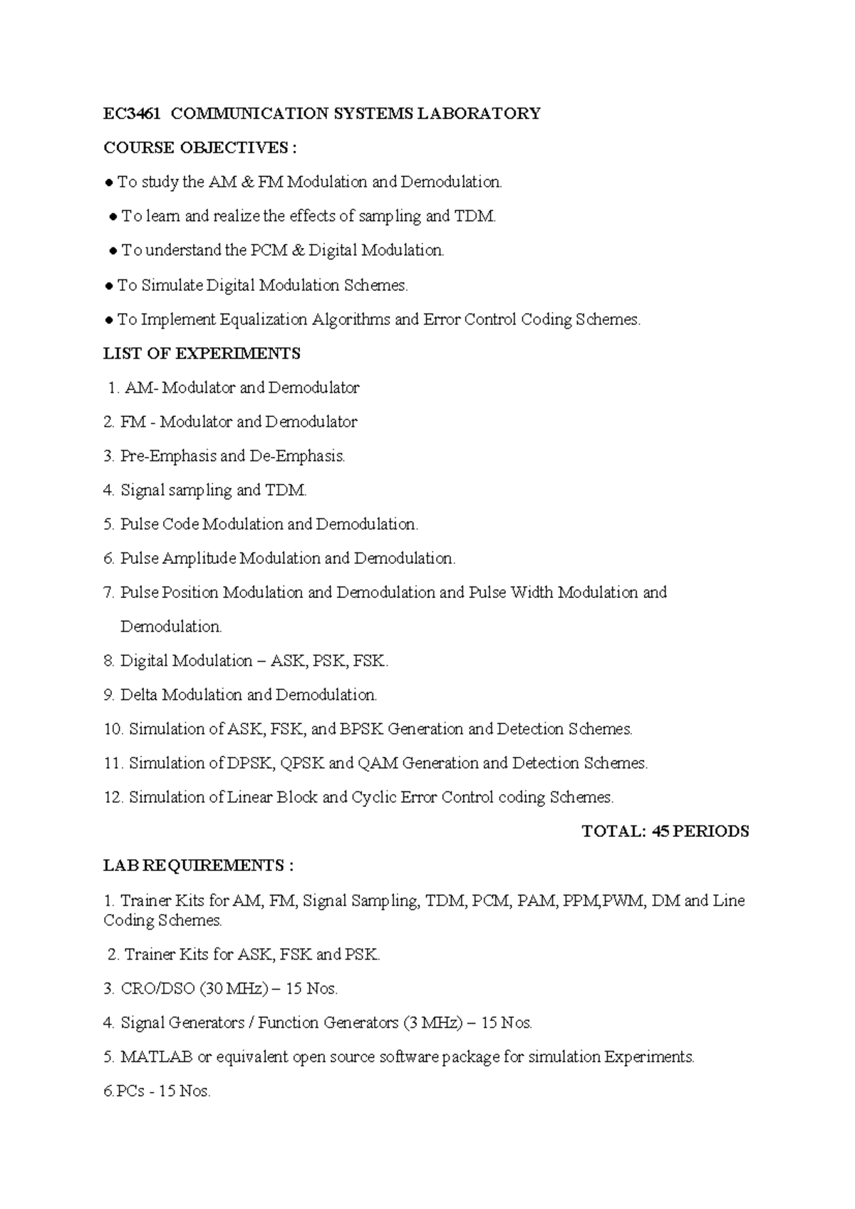 EC3461 Communication Systems Lab Syllabus and Experiments Overview ...