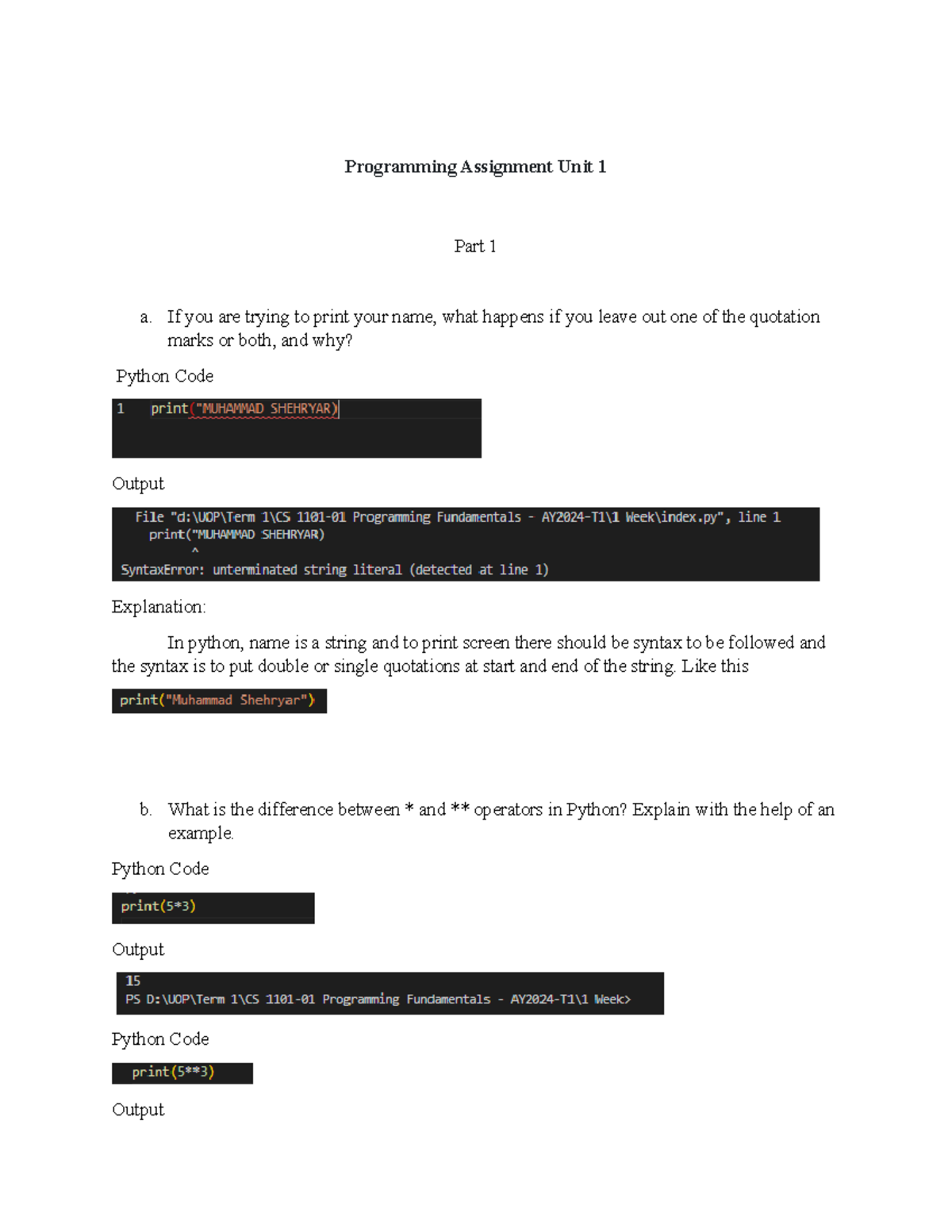 Programming Assignment Unit 1: Understanding Python Basics - Studocu