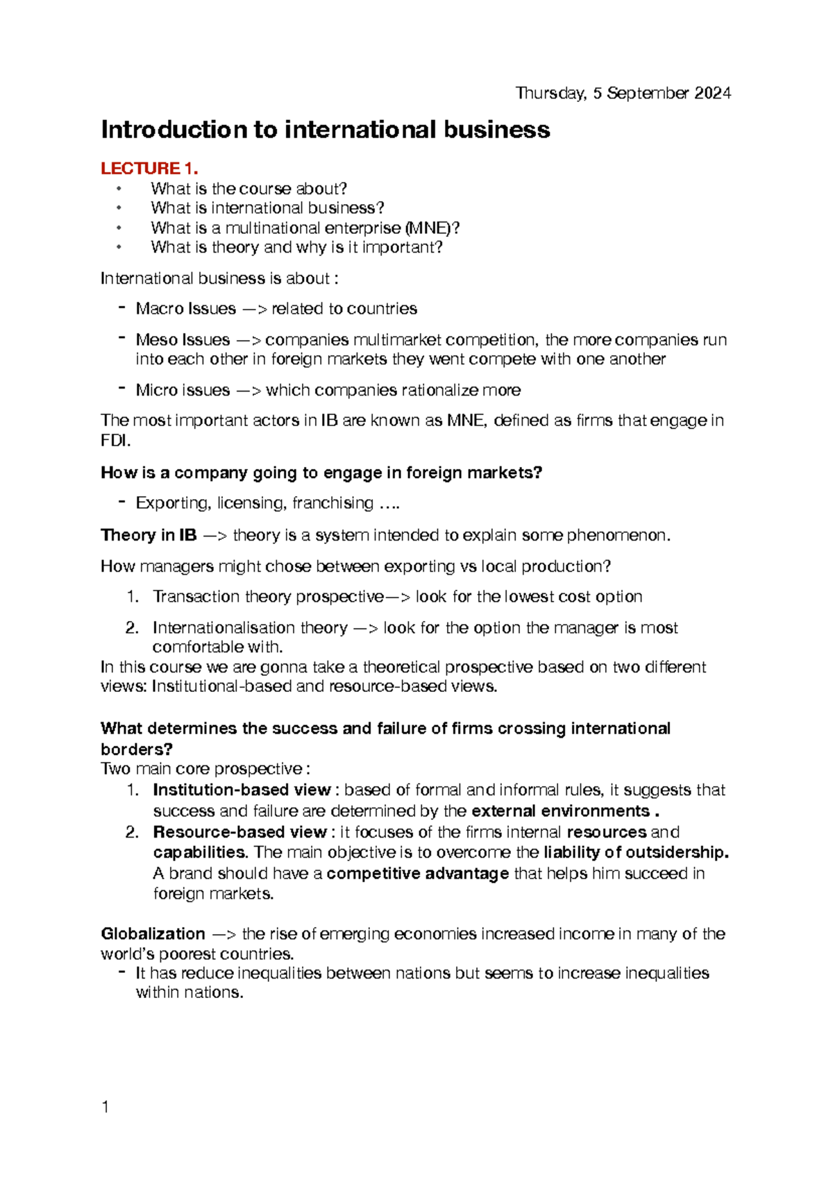 INTB 101: Introduction to International Business - Lecture Notes ...