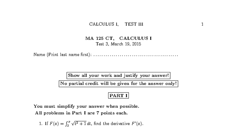 MA 125 CT, CALCULUS I Test 3 - Spring 2015 Exam Questions - Studocu