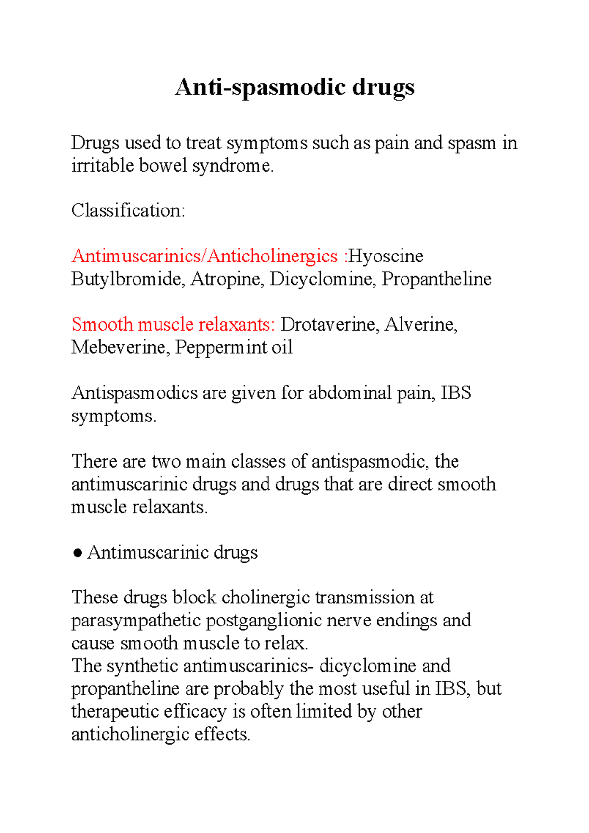 Pharmacology of Antispasmodic Drugs in IBS and Other Conditions - Studocu