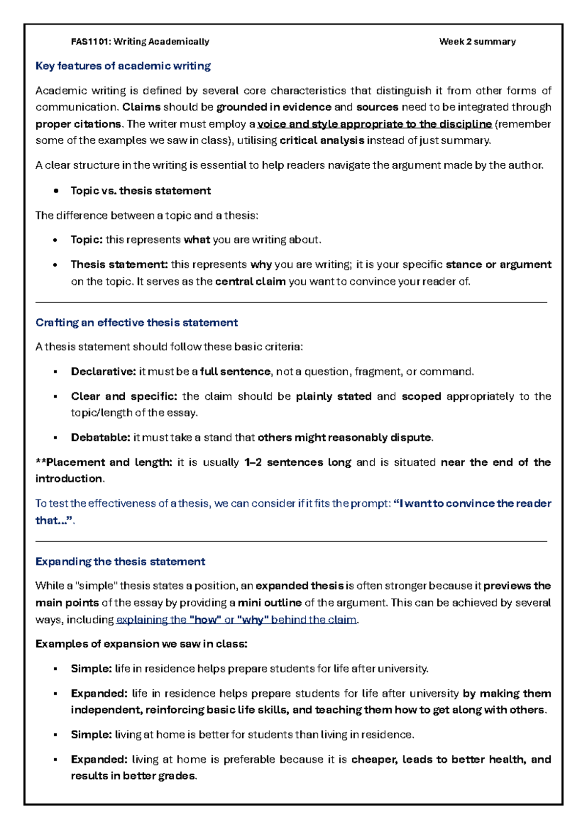 FAS1101: Week 2 Summary on Key Features of Academic Writing - Studocu
