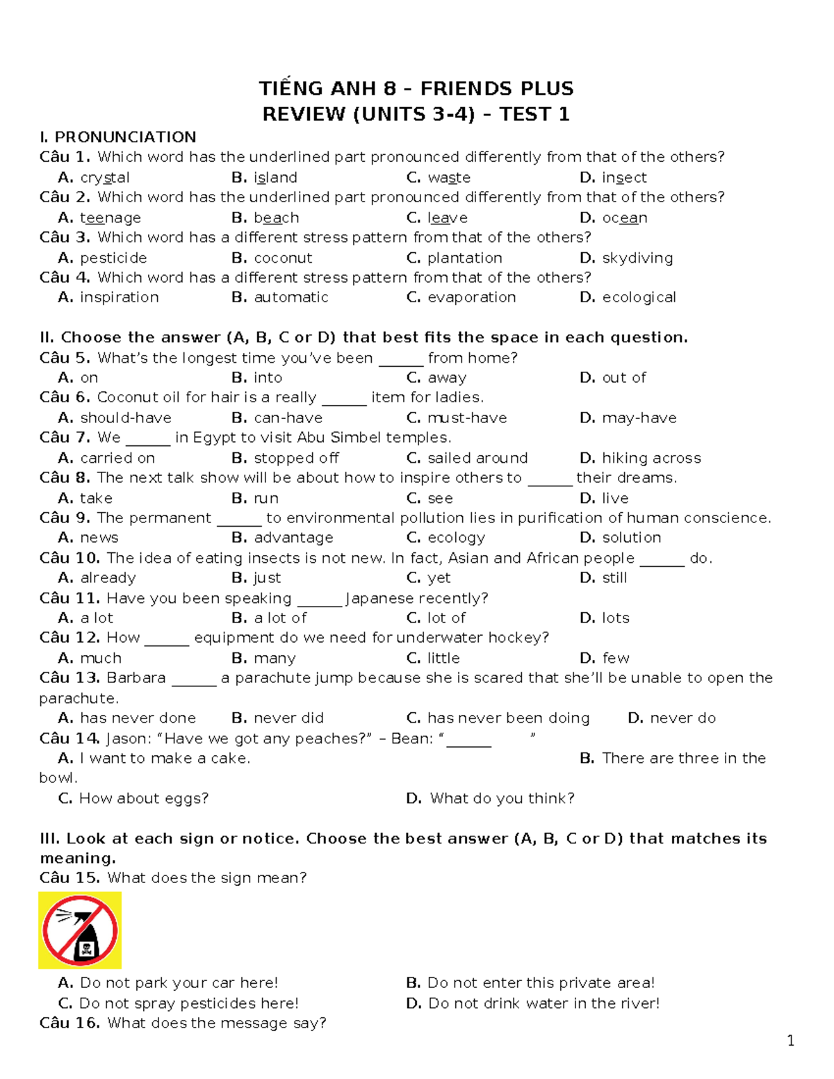 Tieng Anh 8 Friends Plus - Review 3&4 - Test 1 - TIẾNG ANH 8 – FRIENDS ...