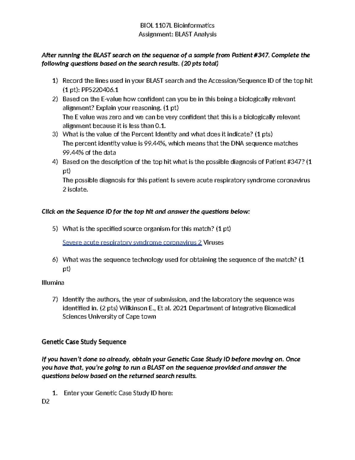 BIOL 1107L Bioinformatics Assignment: BLAST Analysis Overview - Studocu