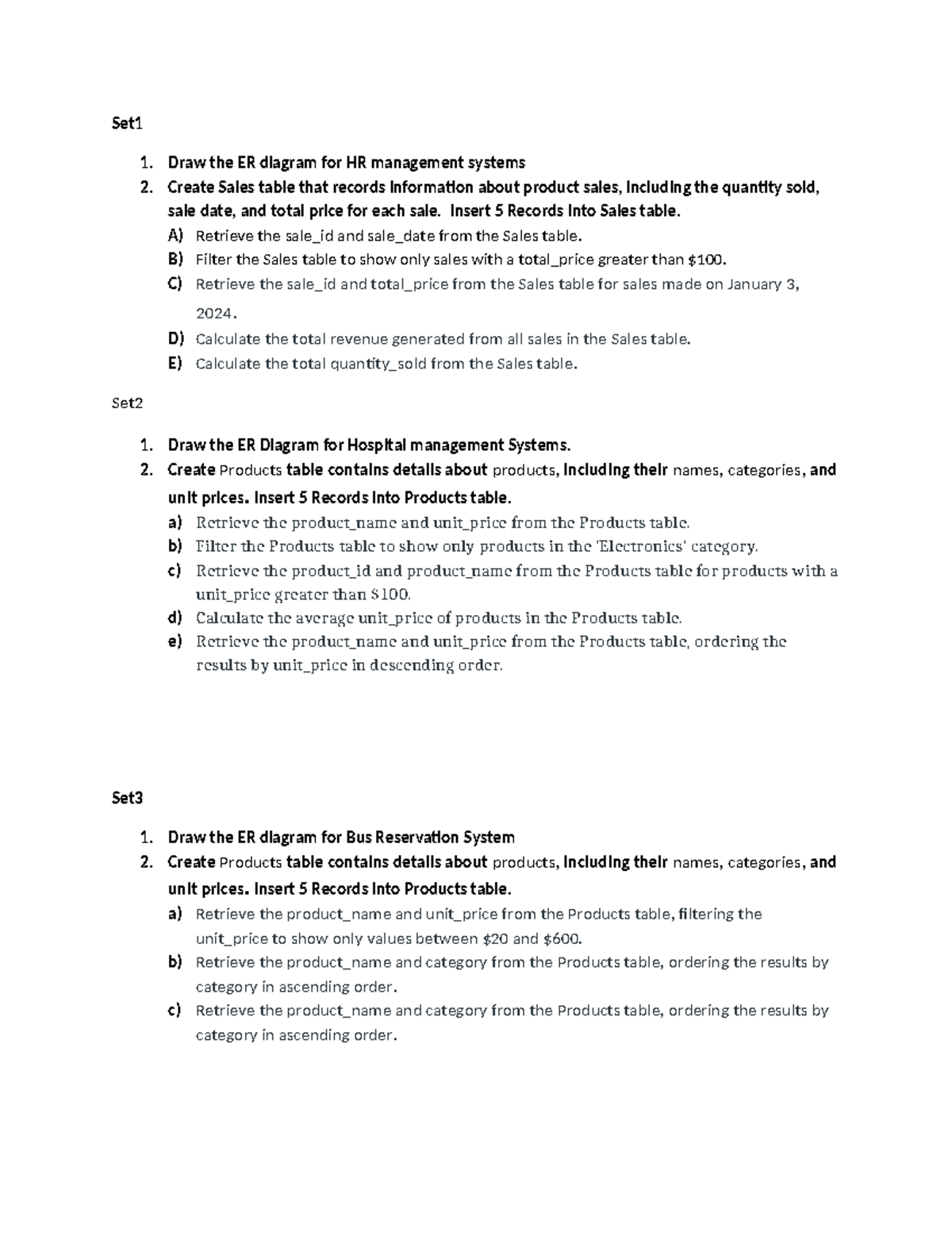 DBMS LAB QP - QUESTION PAPER FOR LAB - Set 1. Draw the ER diagram for ...