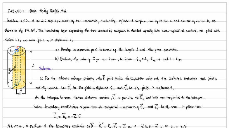 2451007 Hw8: Coaxial Capacitor Problem 4.60 Solutions - Studocu