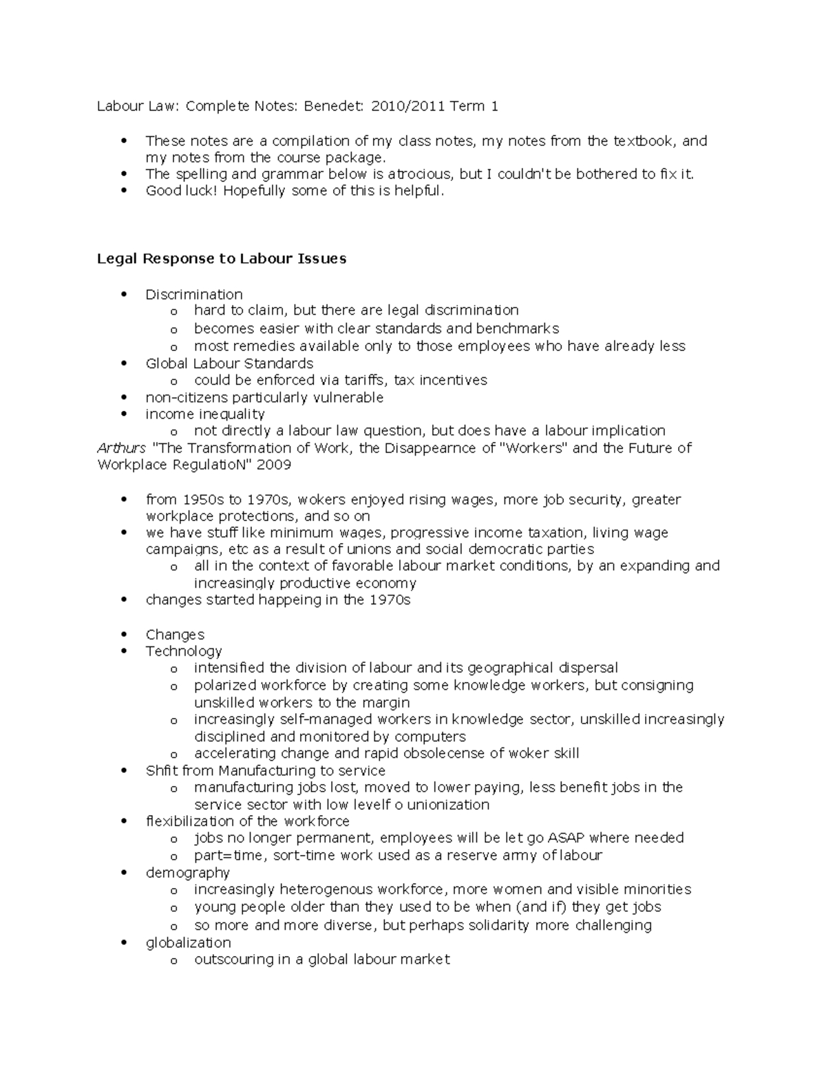 Labour Law 415: Comprehensive Notes for Term 1 - Benedet - Studocu