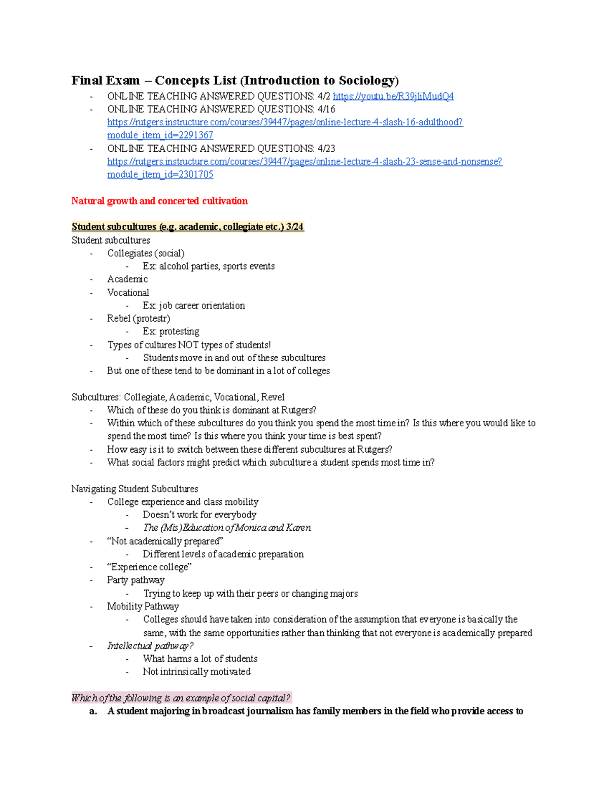 Intro to Socio (SOC101) Final Exam Study Concepts Guide - Studocu