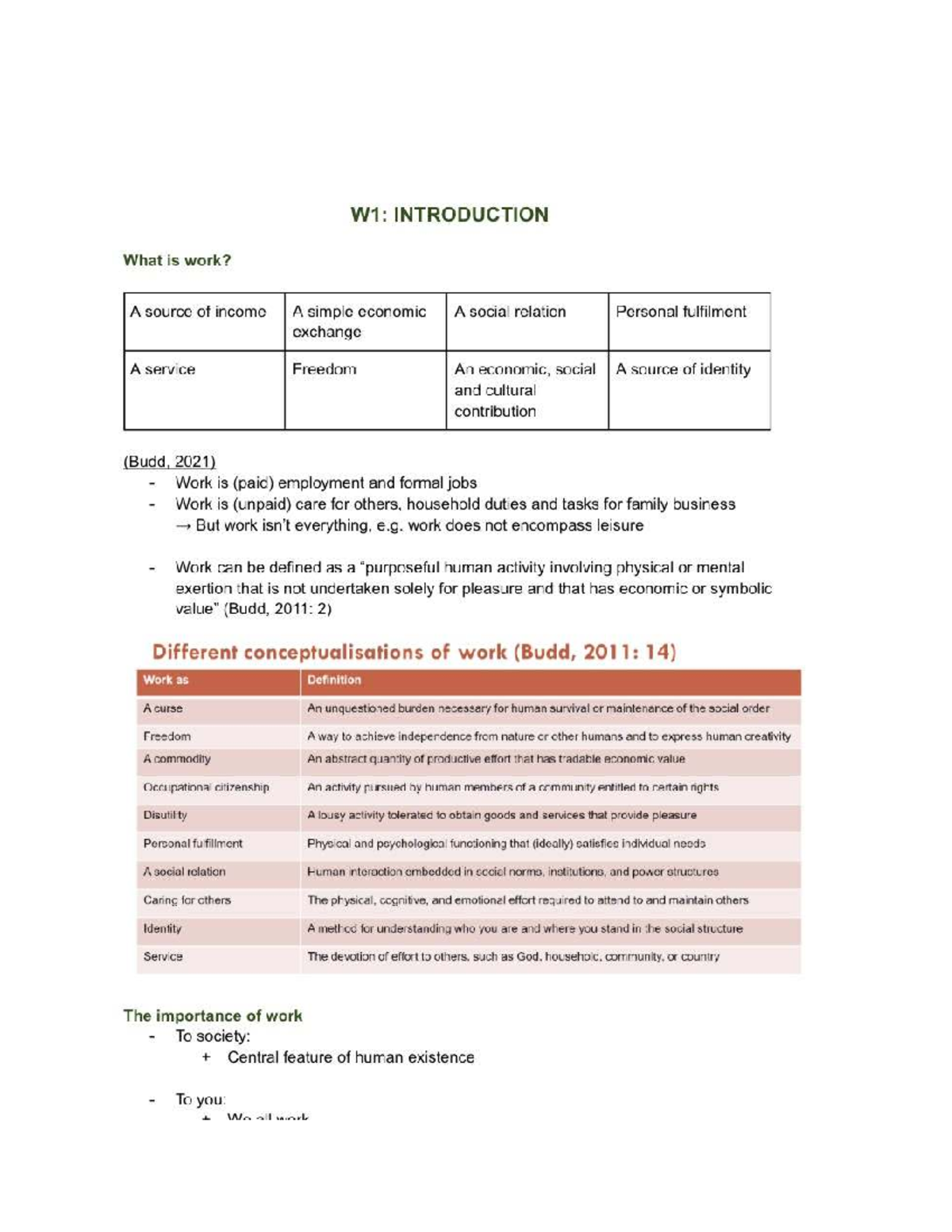 Work1003 wk1 notes - W1: INTRODUCTION What is work? A source of income ...