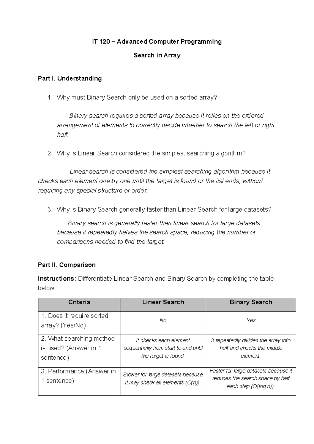 IT 120 Final Exam: Search Algorithms - Linear vs Binary Search - Studocu