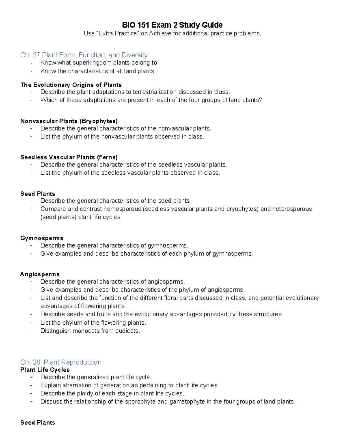 Bio 151 Exam 2 Study Guide Plant Form Function And Physiology Bio