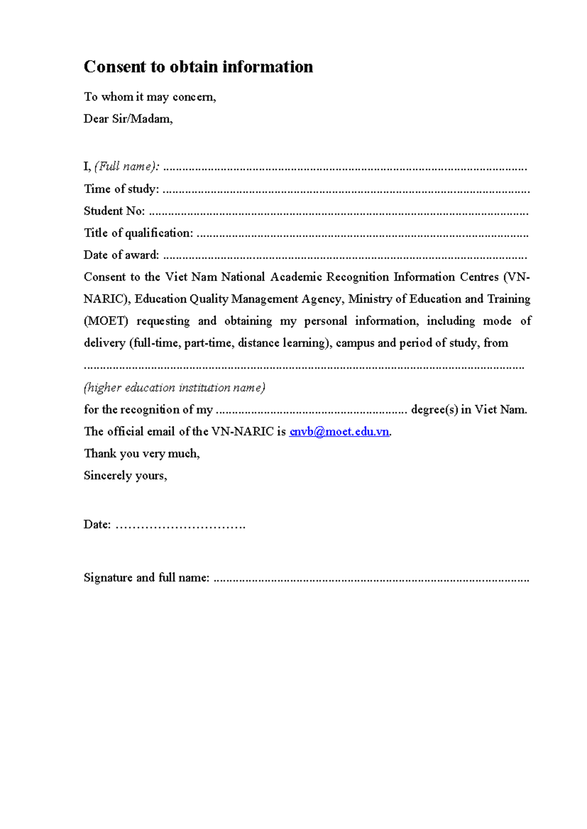 Naric Consent Form for Information Retrieval - kỵtklo - Studocu