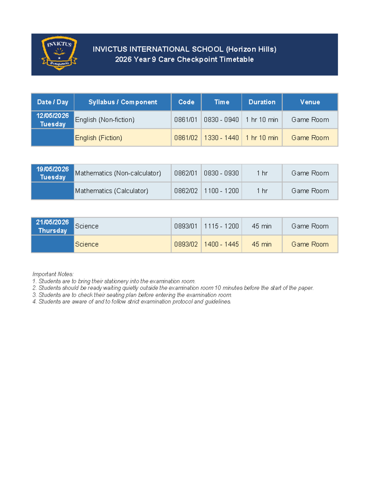 2026 Year 9 Care Checkpoint Timetable - INVICTUS INTERNATIONAL SCHOOL ...