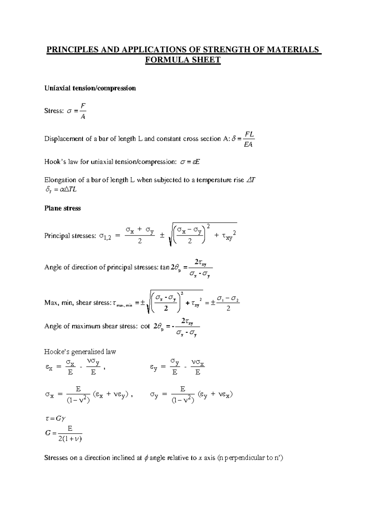 SM Final Exam Formula Sheet: Strength of Materials Principles - Studocu