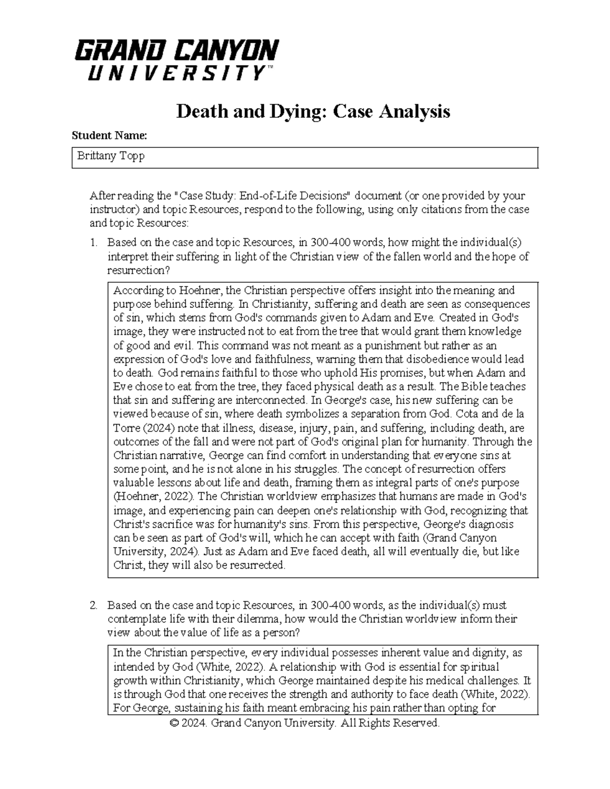 BTopp Case Analysis on Death, Dying, and Christian Perspective 021625 ...