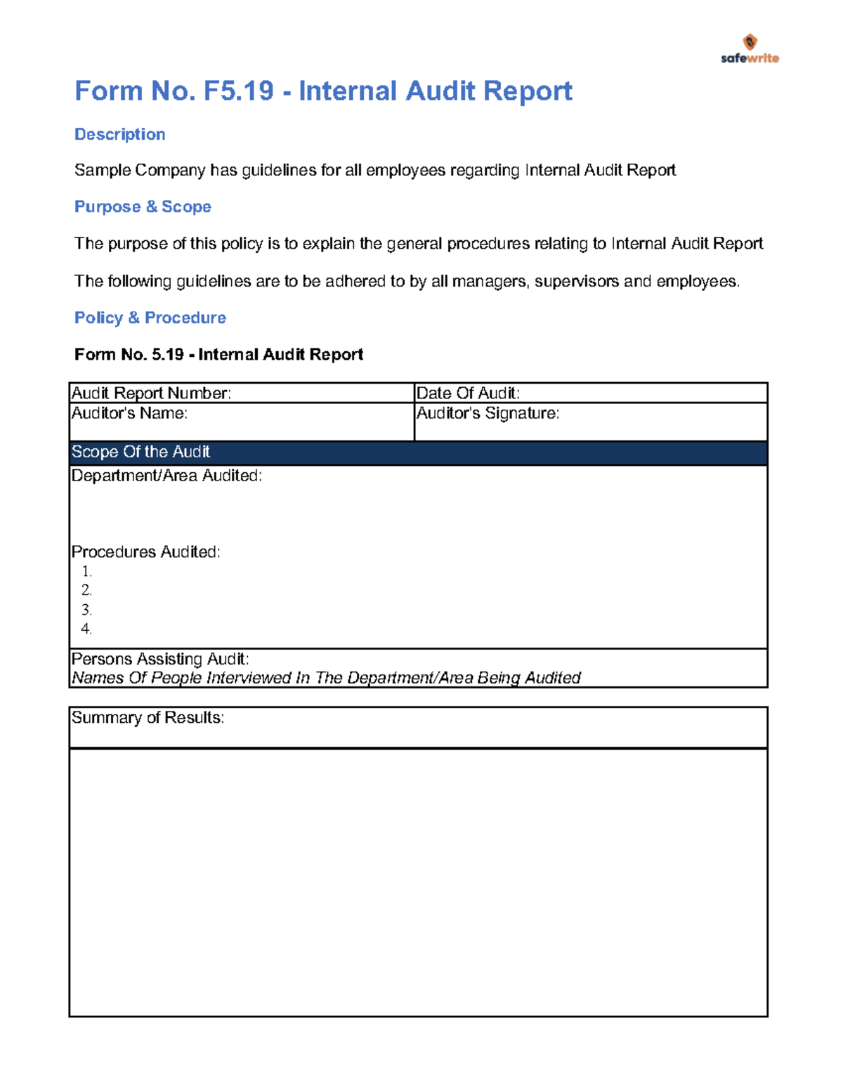Internal Audit Report Form No. F5.19 - Guidelines & Procedures - Studocu
