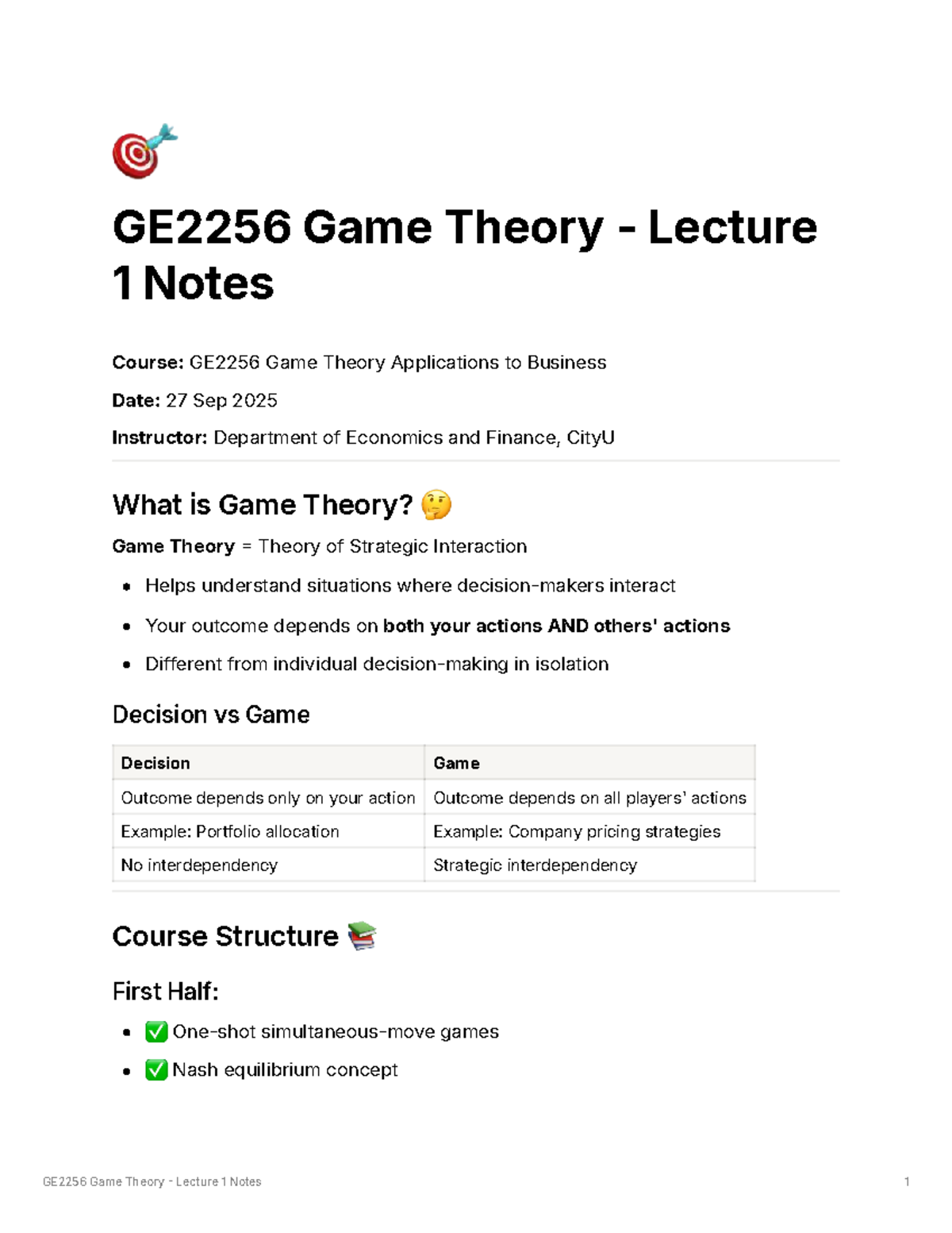 Lecture 2 (Part I) 核心概念与博弈论重点总结- Studocu