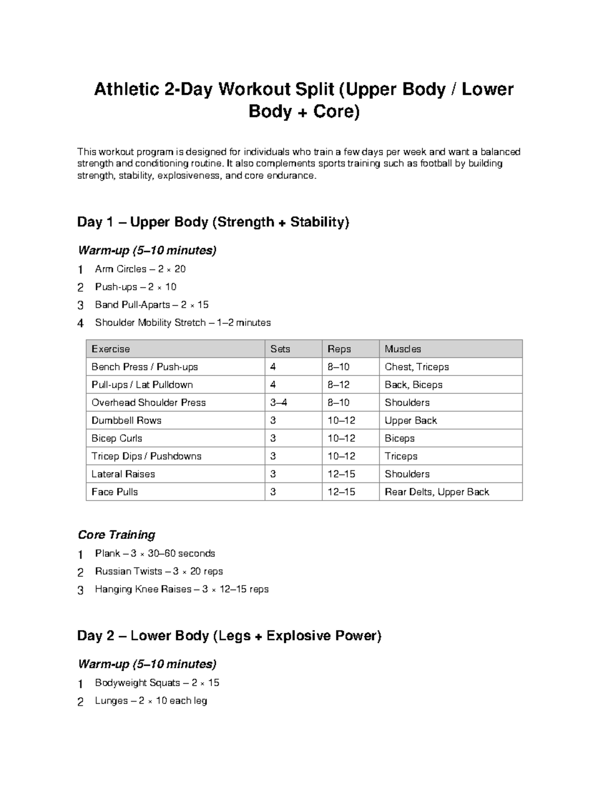 Athletic 2-Day Workout Split: Upper & Lower Body Routine - Studocu