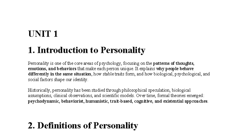 UNIT 2: Introduction to Psychodynamic Theories of Personality - Studocu