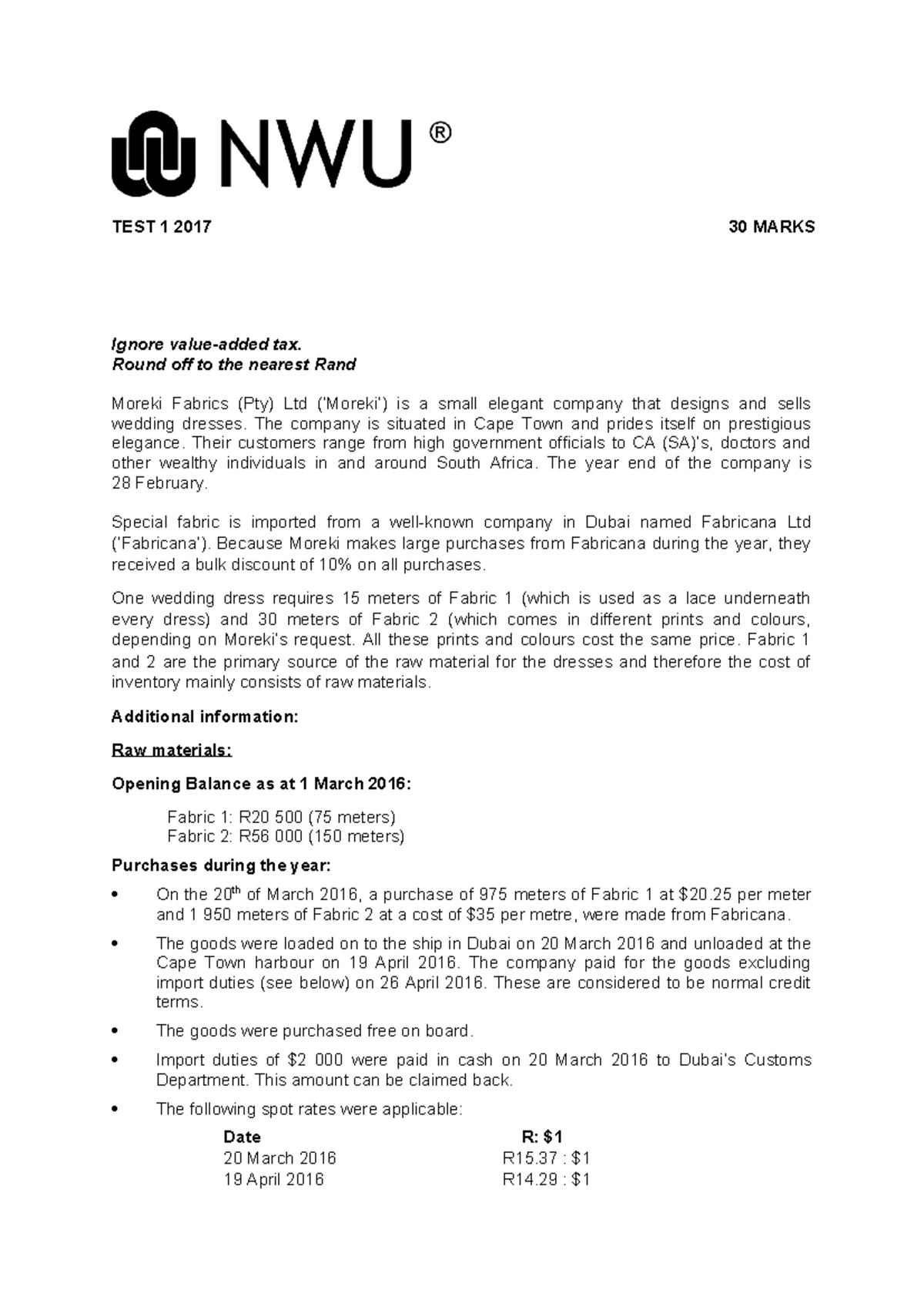 ACCC271 Class Test 1 2017: Financial Analysis of Moreki Fabrics - Studocu