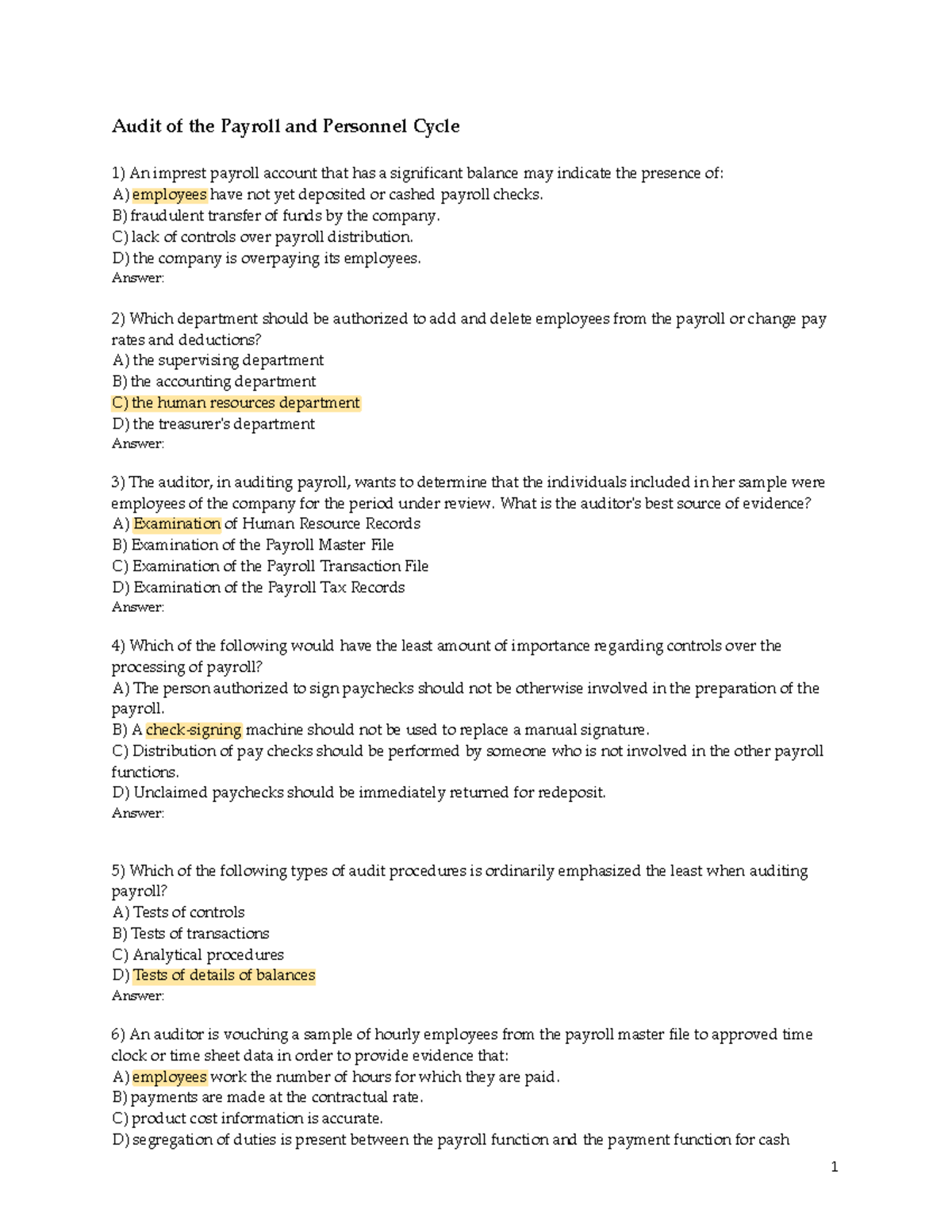 Audit of Payroll & Personnel Cycle - Exercise for Assignment - Studocu