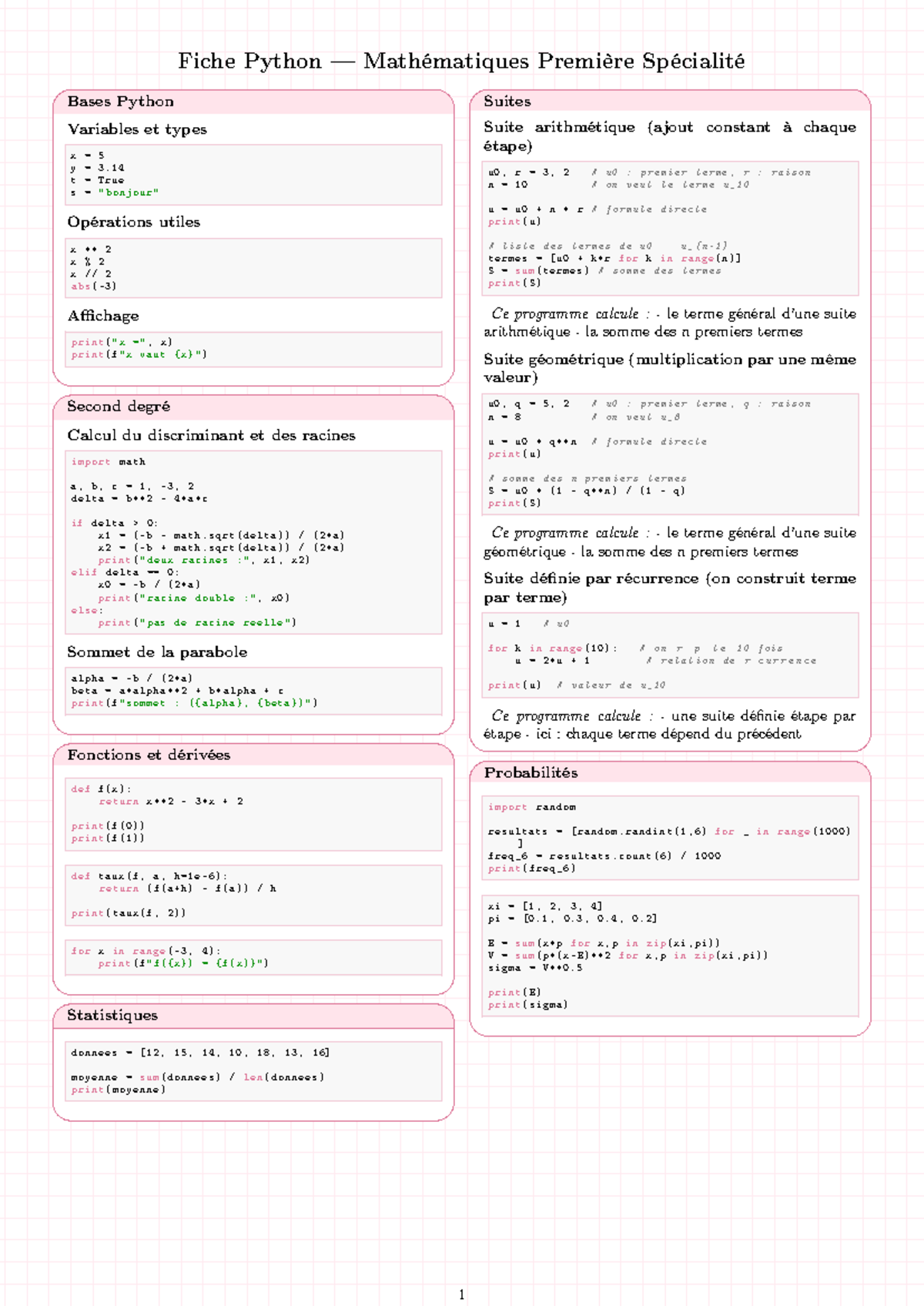 Fiche Python Mathématiques Première Spécialité: Bases et Suites - Studocu