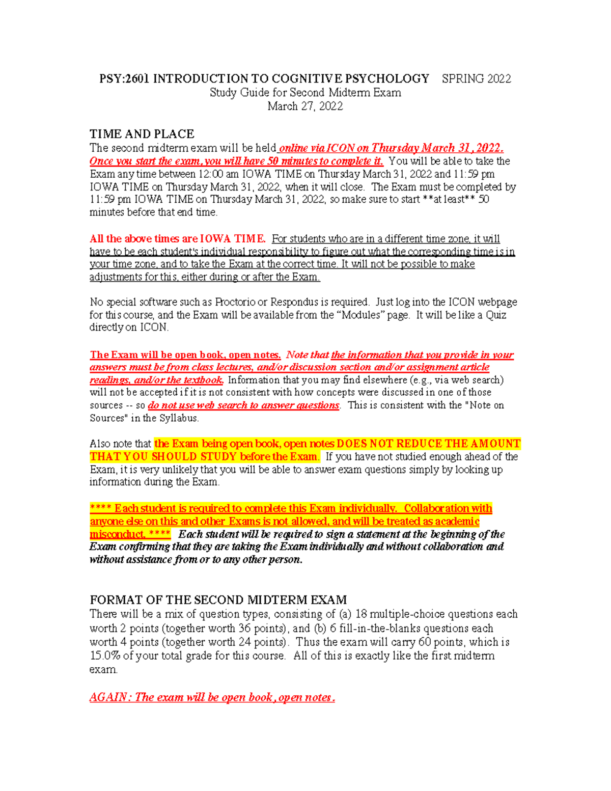 PSY:2601 Spring 2022 Midterm Exam 2 Study Guide for Cognitive ...