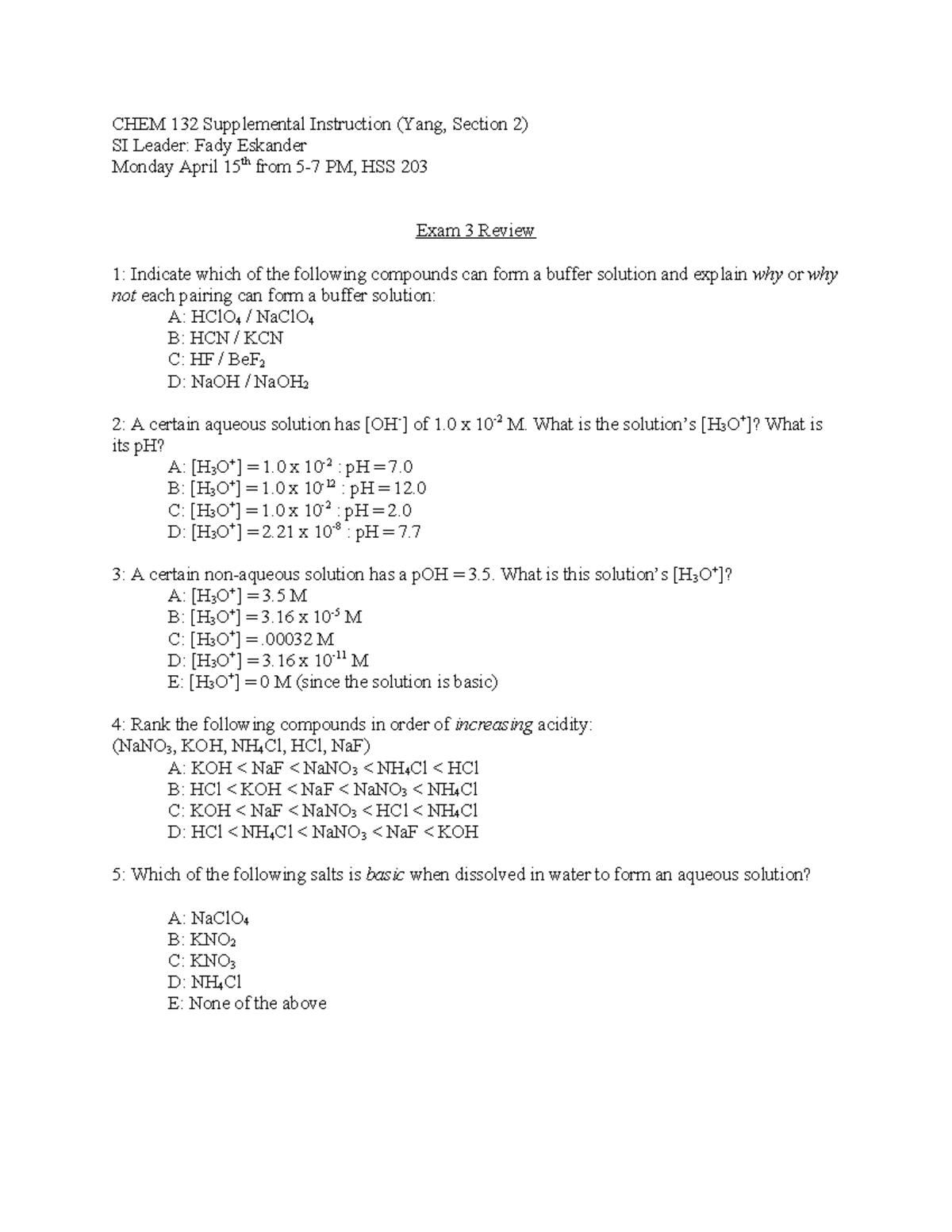 CHEM 132 Exam 3 Review Notes and Solutions - Studocu
