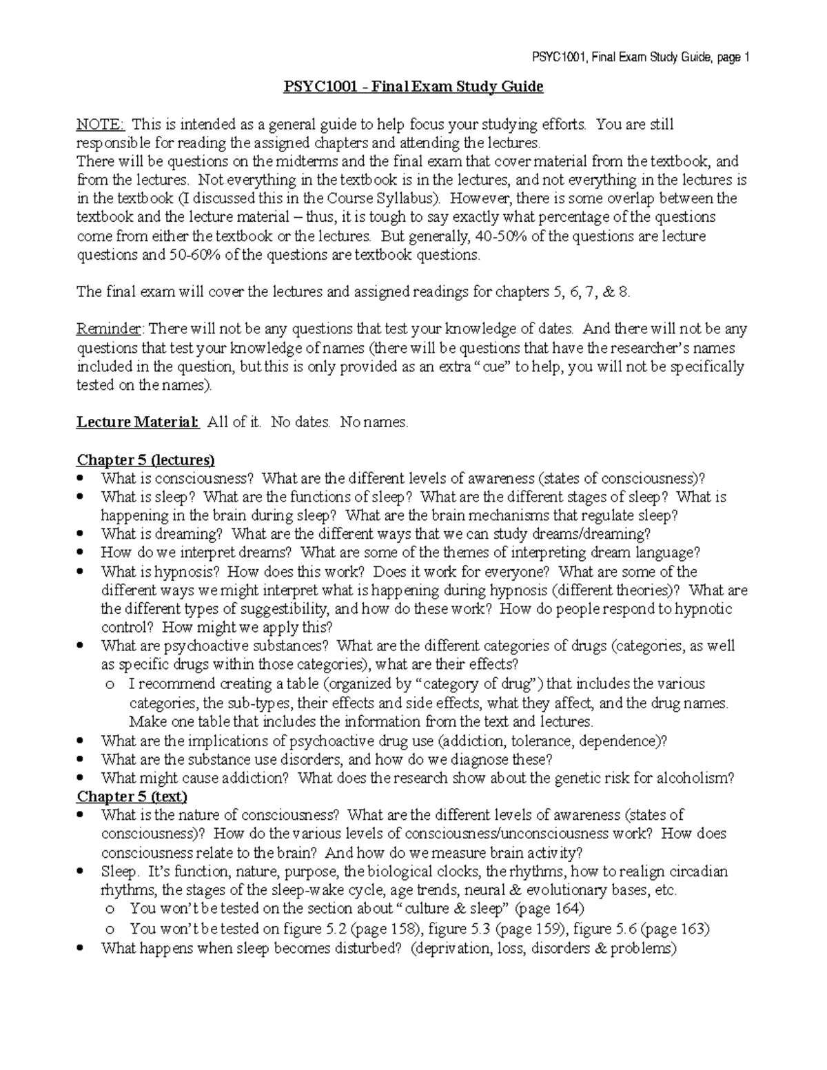 PSYC1001 Comprehensive Final Exam Study Guide - Studocu