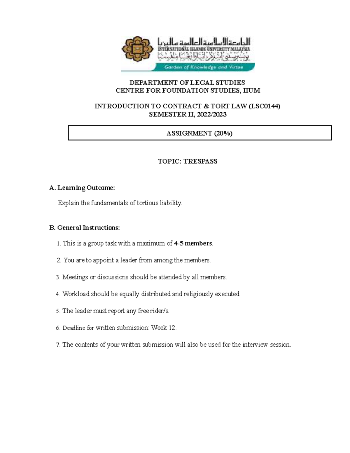 Assignment - Instruction & Rubric - DEPARTMENT OF LEGAL STUDIES CENTRE ...