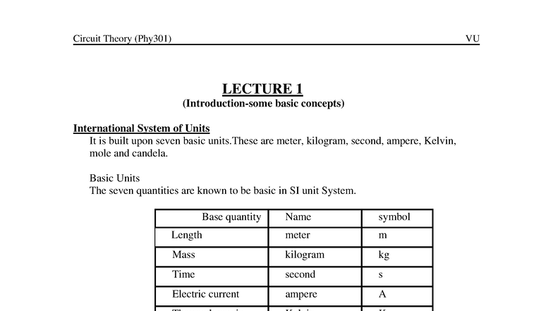 Circuit Theory (Phy301) VU Lecture 1: Basic Concepts of SI Units - Studocu
