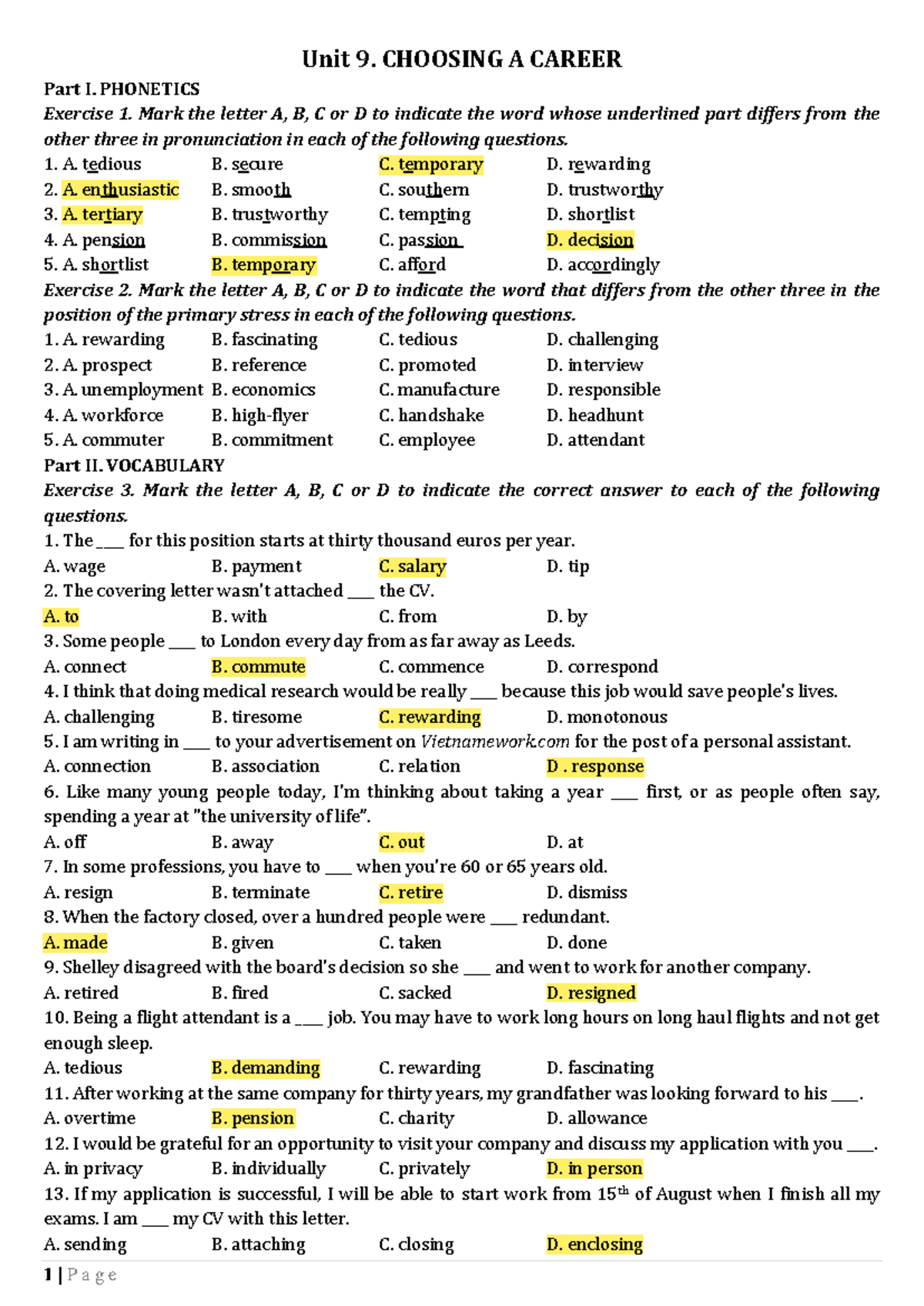 Unit 9 - Choosing a Career: Phonetics, Vocabulary, Grammar, and Reading ...