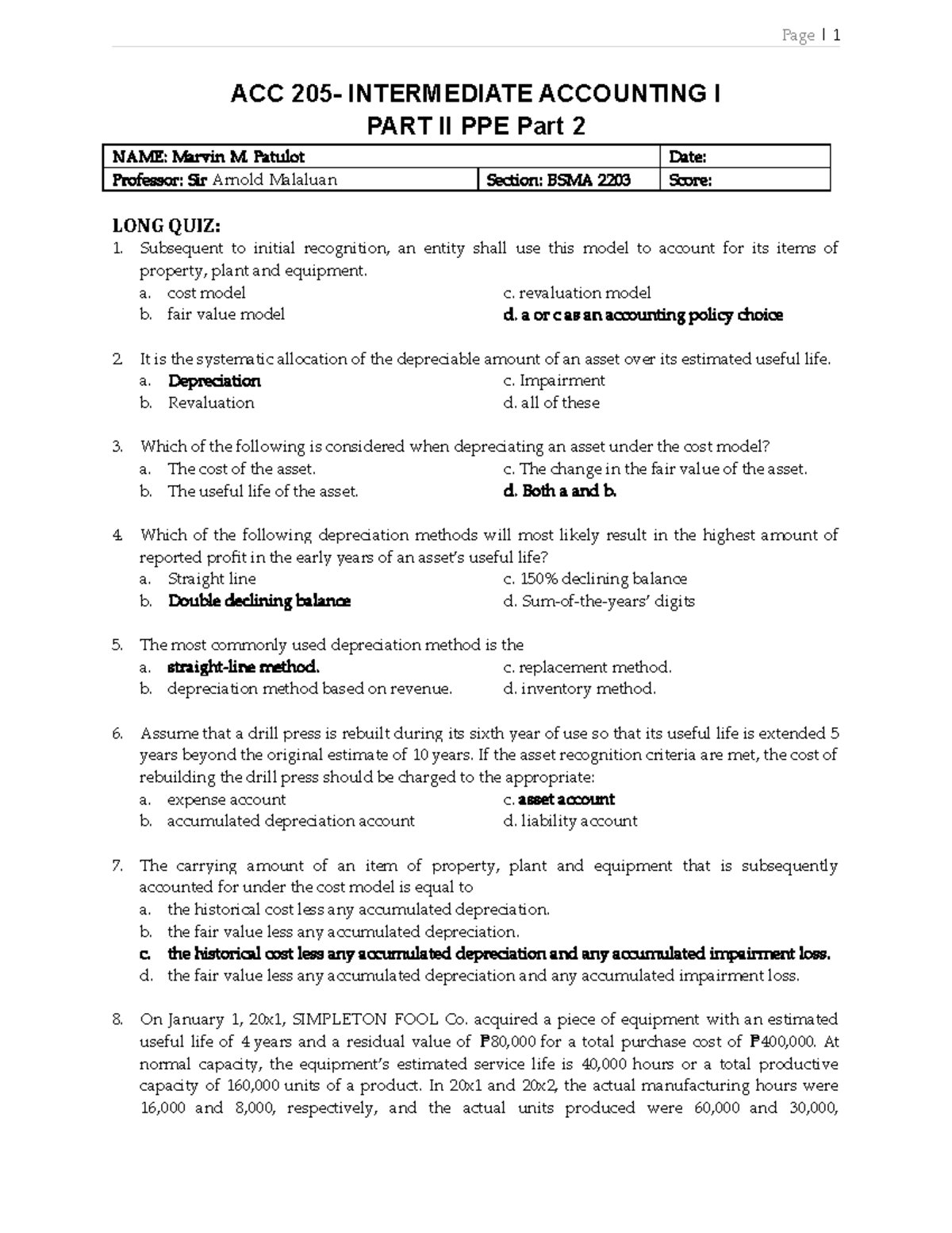 Long Quiz on ACC 205: Intermediate Accounting I - PPE Part II - Studocu