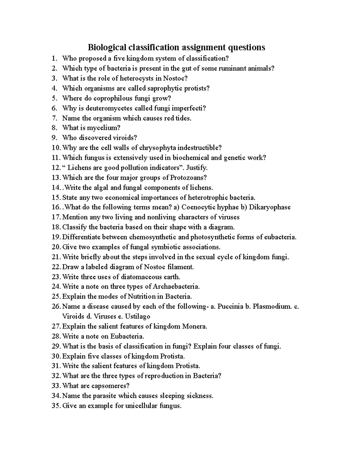 Biological Classification Assignment Questions: Key Concepts & Answers -  Studocu
