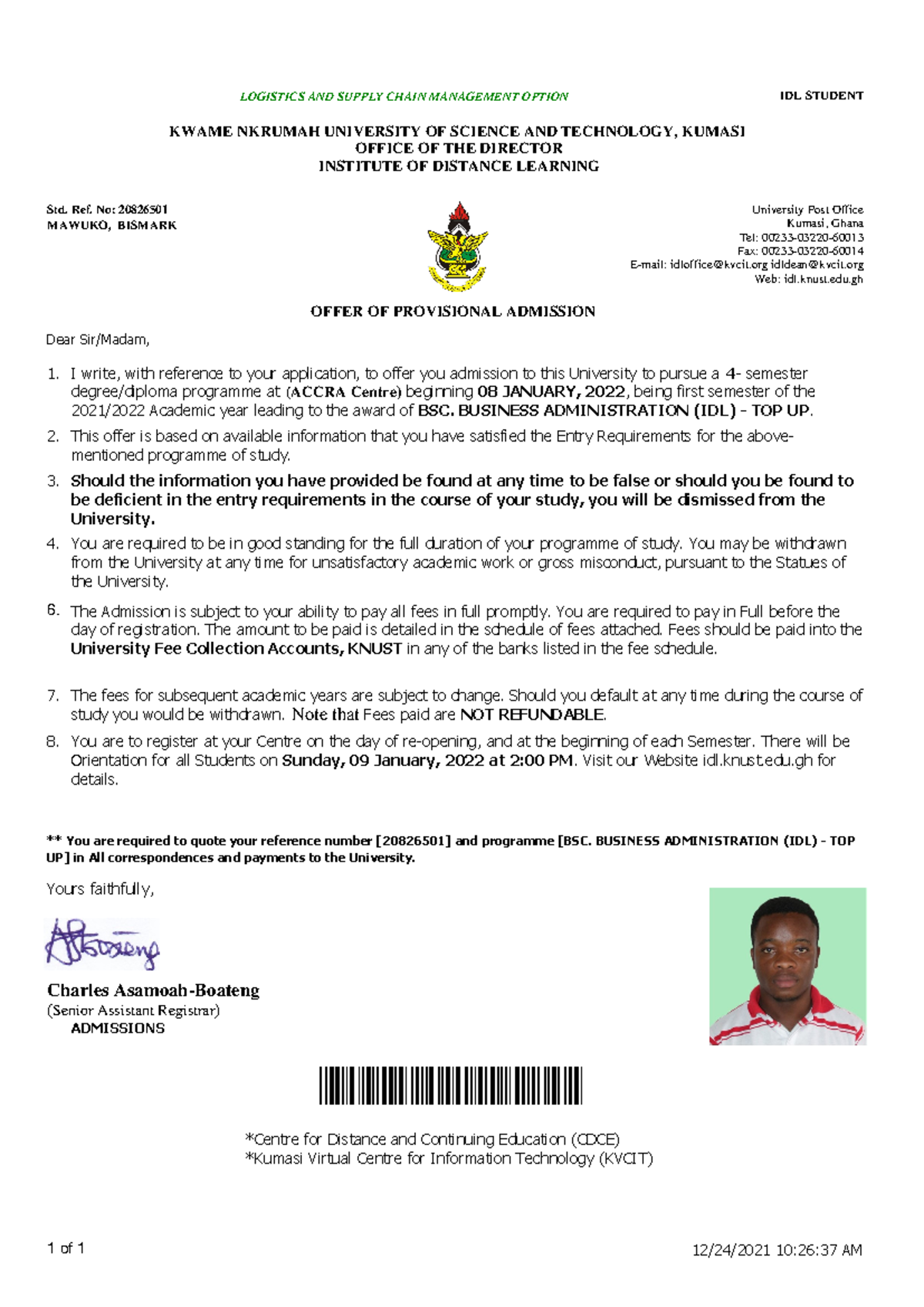 Provisional Admission Letter for BSC. Business Admin (IDL) - 2022 - Studocu