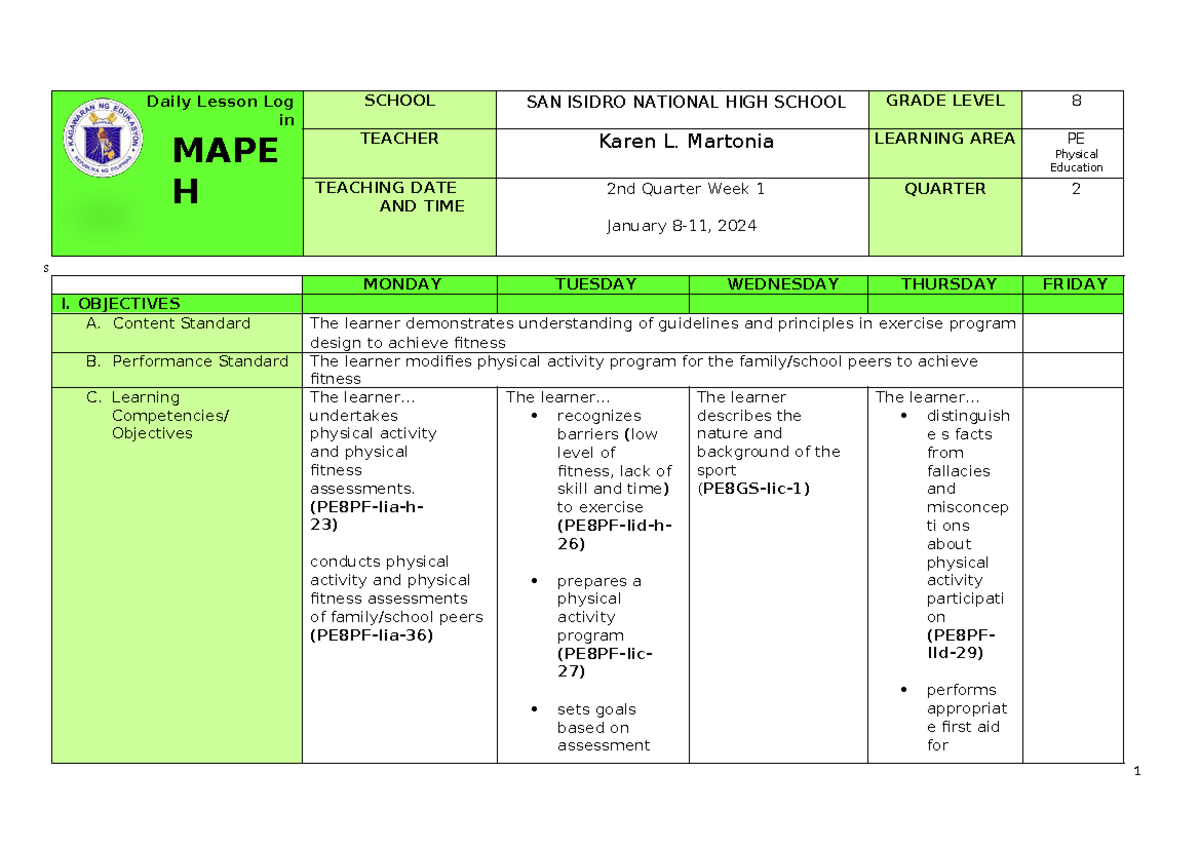Q2 Grade 8 PE DLL Week 1 - Daily Lesson Log on Physical Education - Studocu