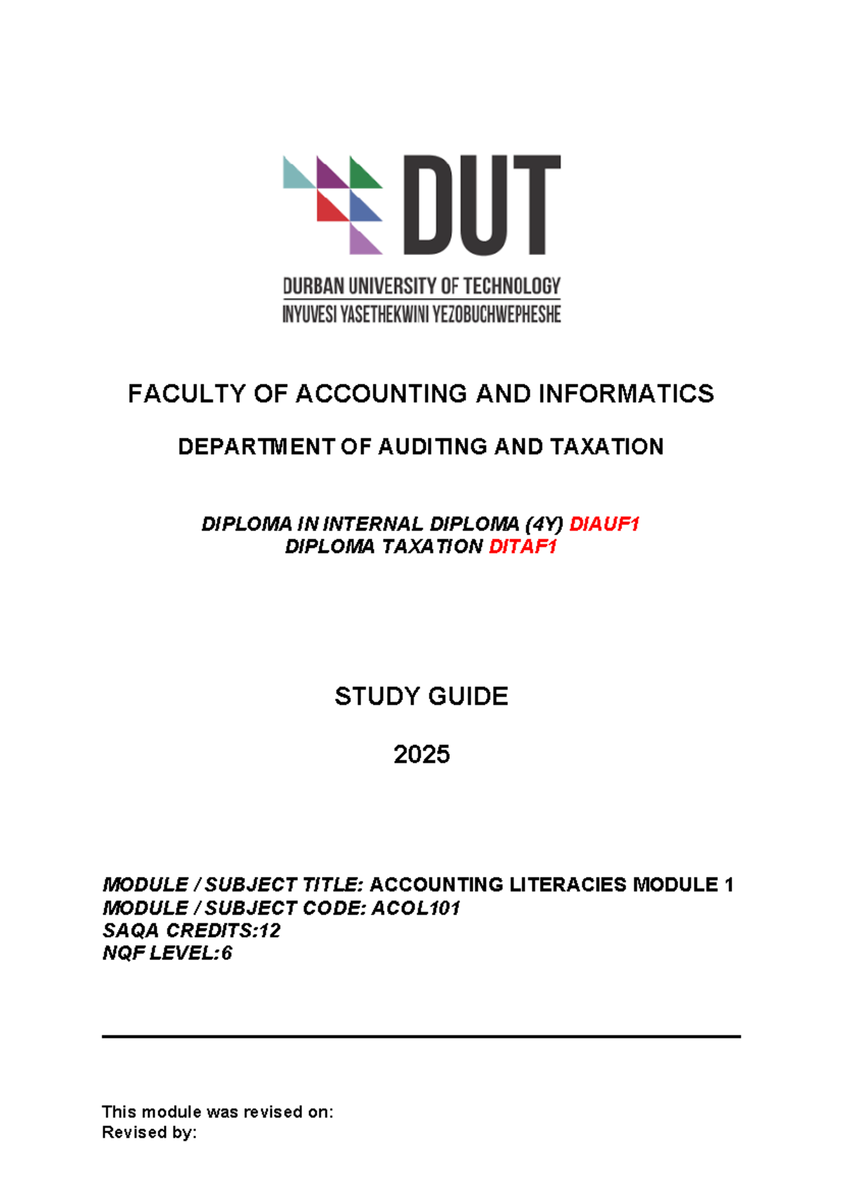 Study Guide for Accounting Literacies ACOL101 - 2025 Module 1 - Studocu