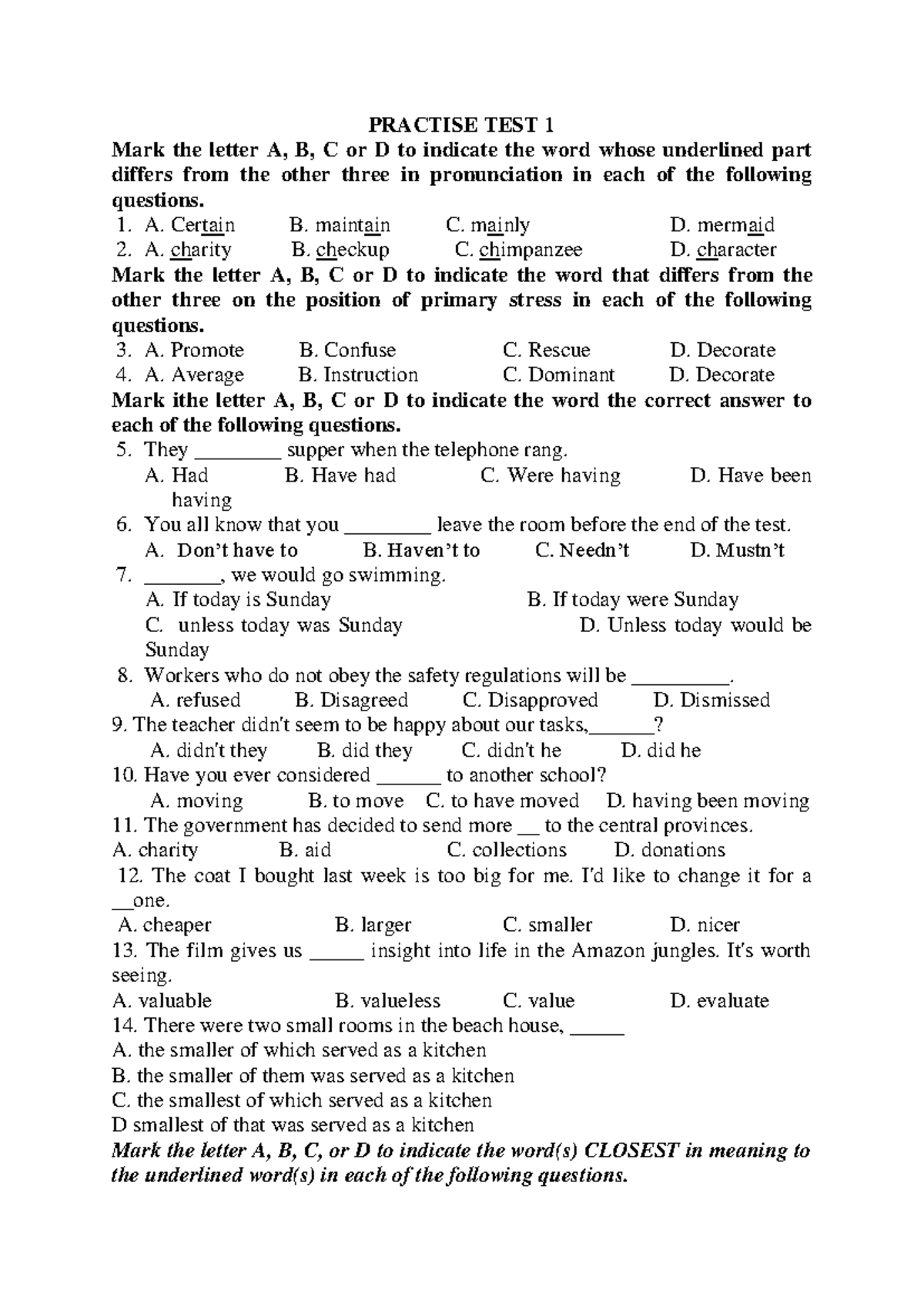 5 Test Luyện Thi Thử - PRACTISE TEST 1 Mark the letter A, B, C or D to ...
