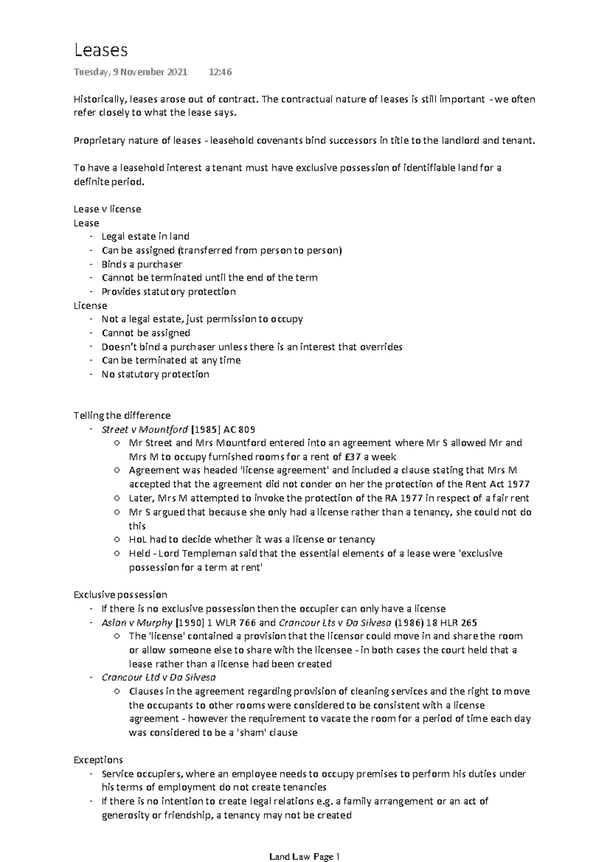 Land Law - Leases Overview and Key Concepts Guide - Studocu