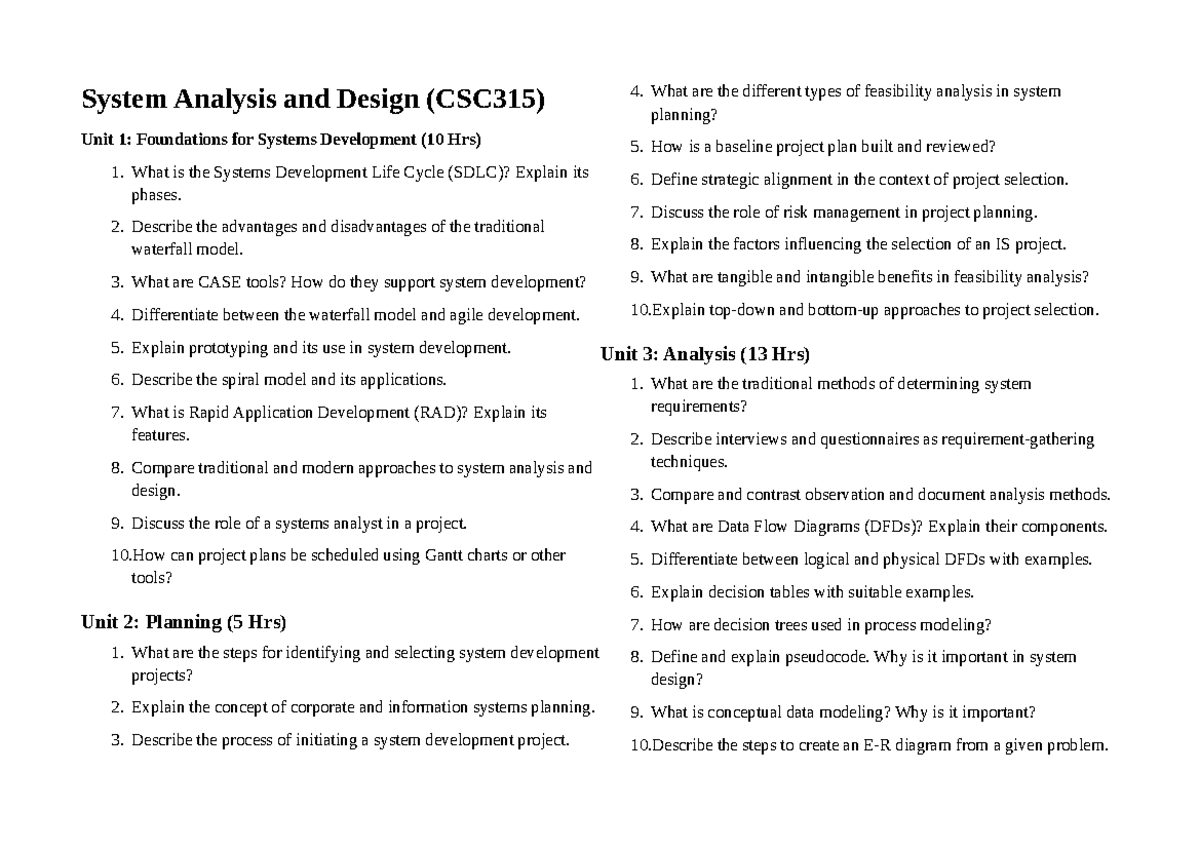 System Analysis and Design Questions (CSC315) - 5th Semester - Studocu