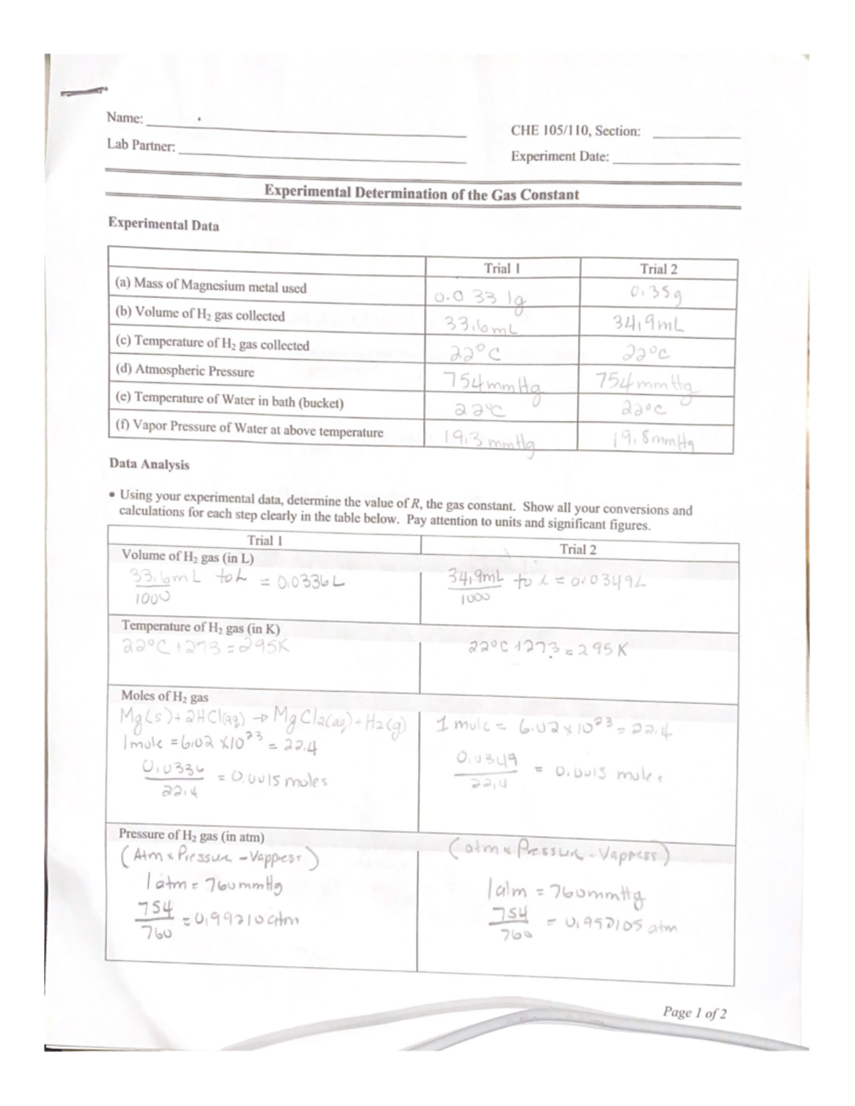 Chemistry lab report sample - Name: CHE Section: Lab Partner ...