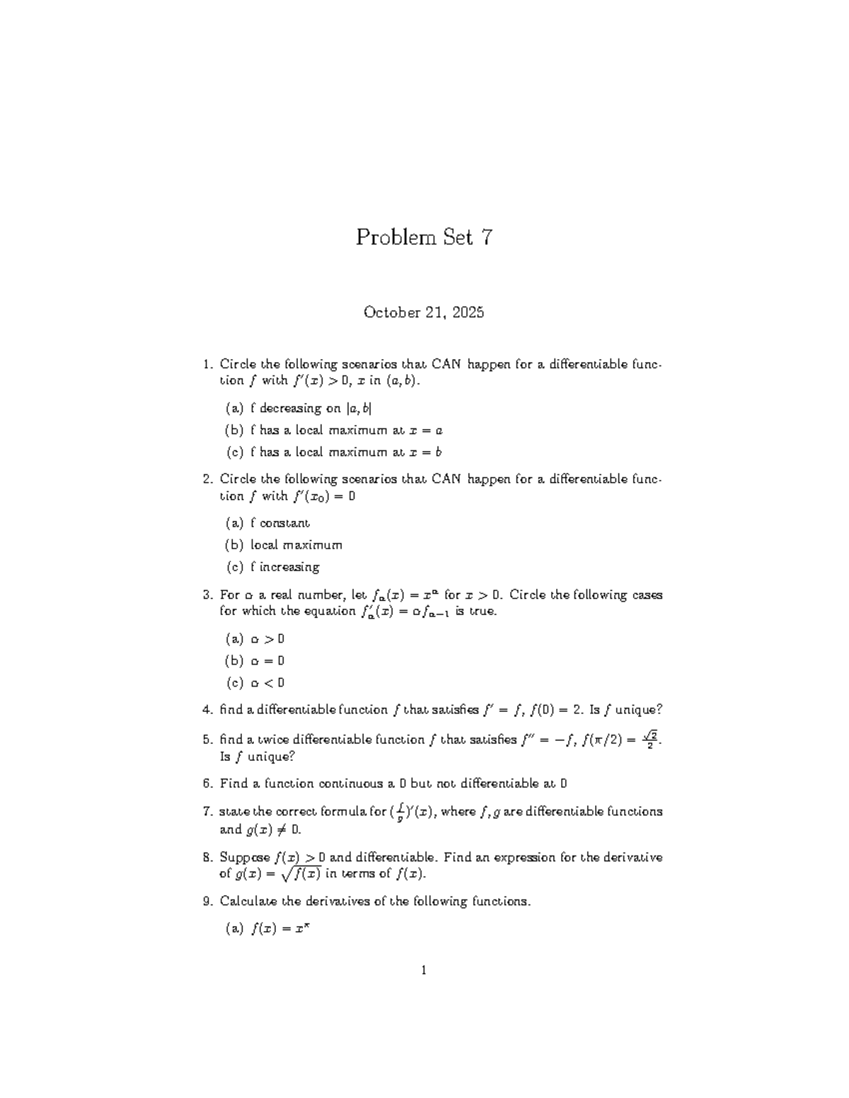 Review of Problem Set 7 (Math 101) - Differentiable Functions - Studocu