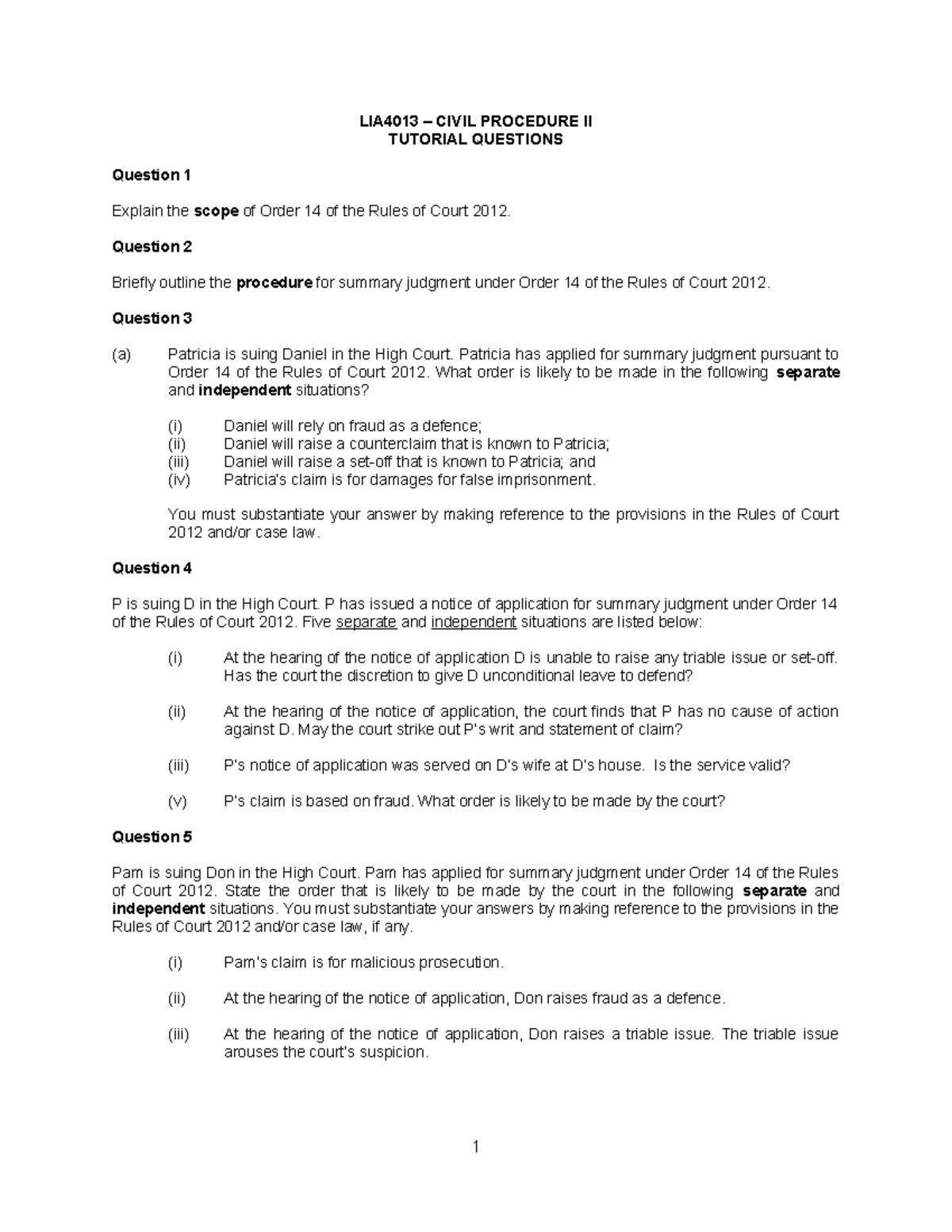 LIA4013 - Civil Procedure II Tutorial Questions for 2024/2025 - Studocu