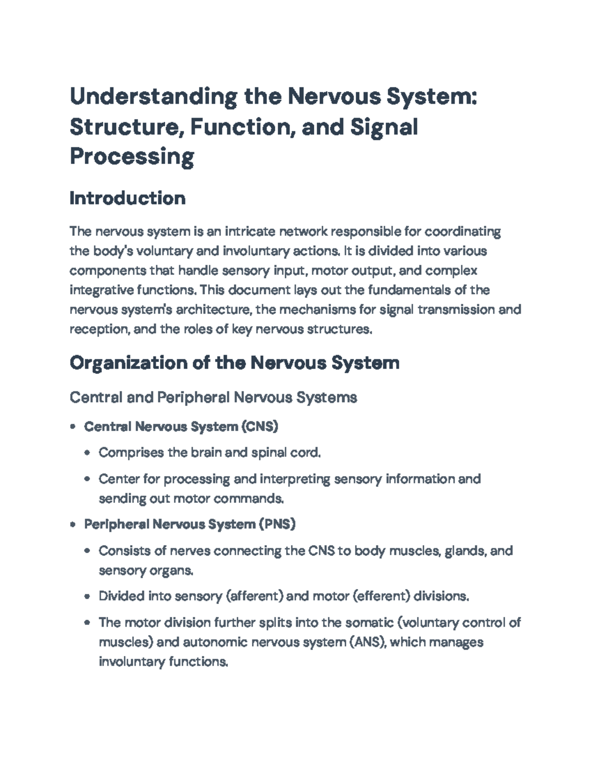 Nervous System Overview: Structure, Function, and Signal Processing ...