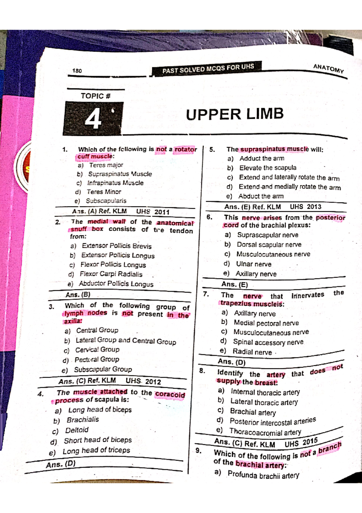 Upper Limb Anatomy Study Guide - UHS Course Notes - Document Preview