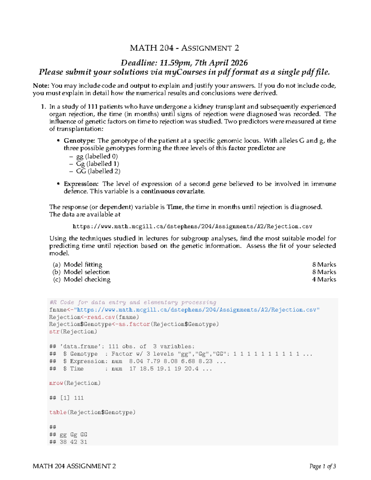 MATH 204 WINTER 2026 ASSIGNMENT 2: Model Fitting & Analysis - Studocu