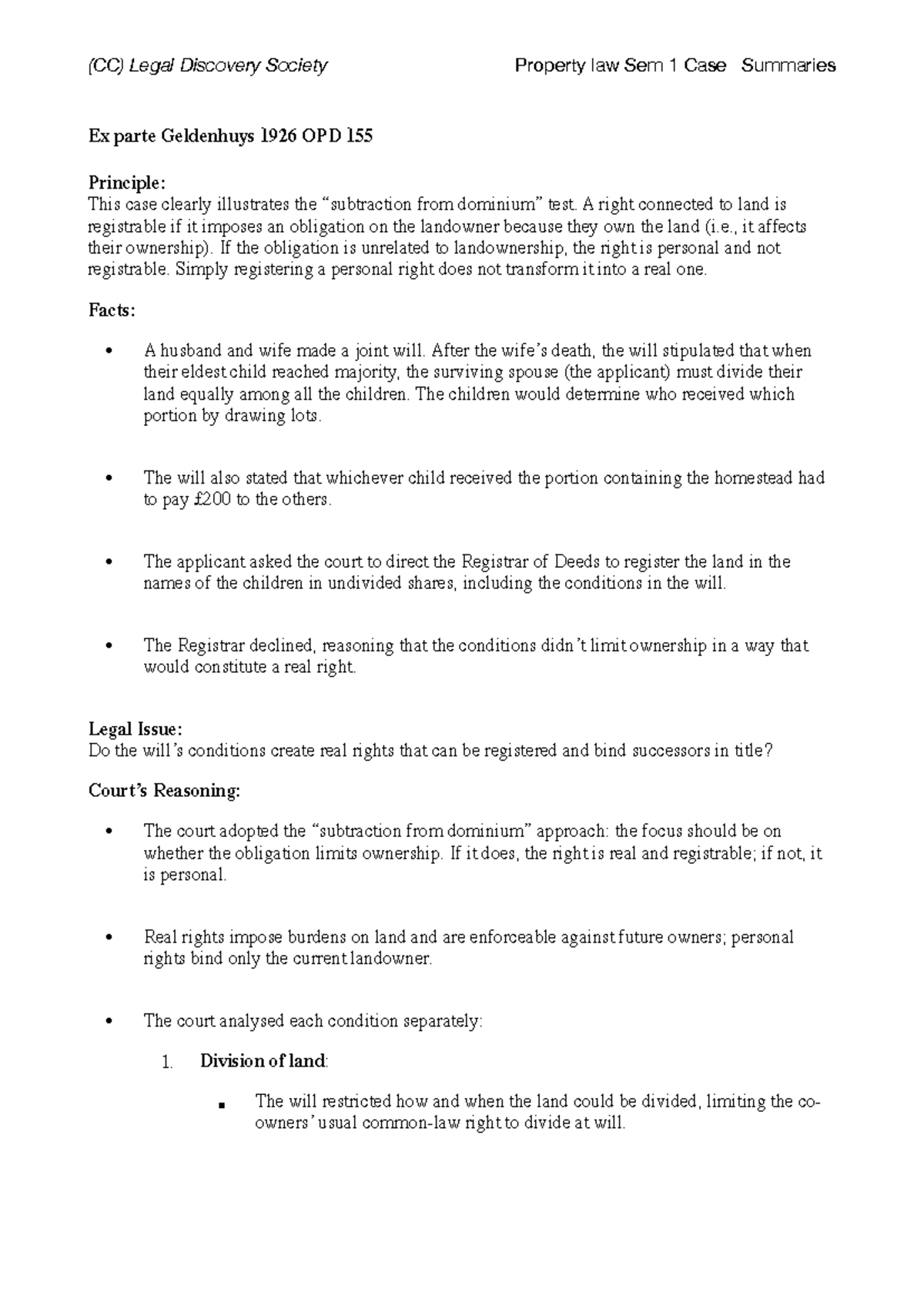 (CC) Property Law Sem 1 Case Summaries: Key Legal Principles and Cases ...