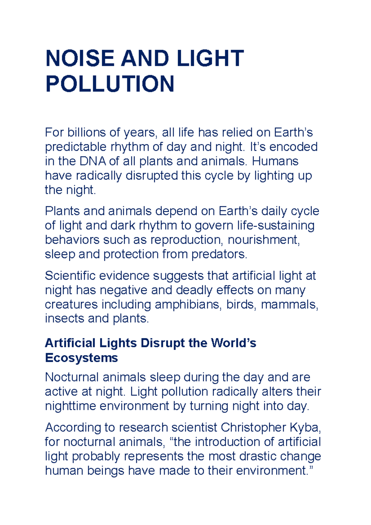 Impact of Noise and Light Pollution on Ecosystems and Wildlife - Studocu