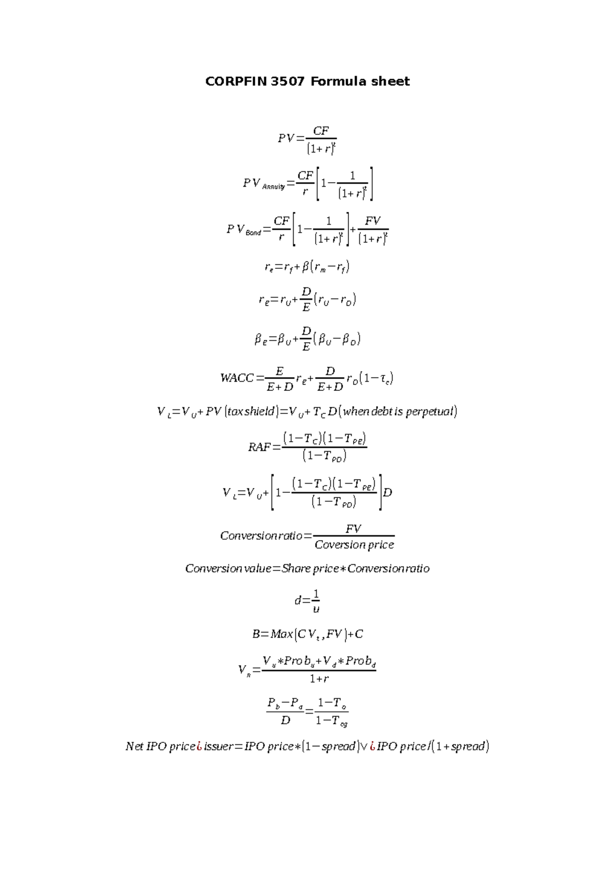 CORPFIN 3507 Formula Sheet: Key Topics in Corporate Finance - Studocu