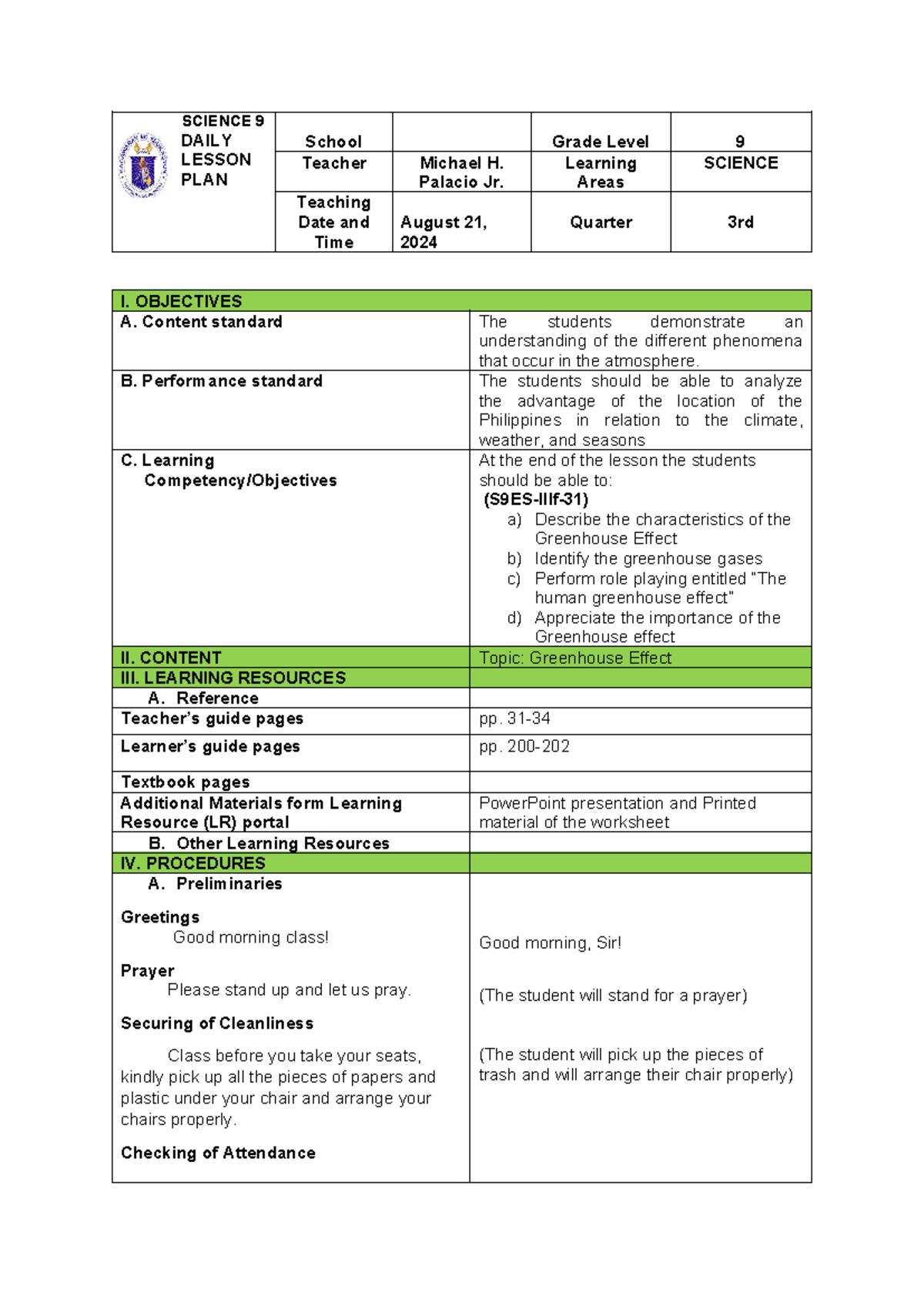 SCIENCE 9: Greenhouse Effect Lesson Plan - Quarter 3 - Studocu